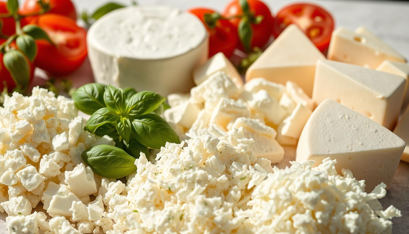 A vibrant still life showcasing a variety of low-calorie cheese alternatives. In the foreground, an assortment of sliced cottage cheese, crumbled feta, and shredded mozzarella made from low-fat milk. In the middle ground, cubes of creamy ricotta and wedges of tangy goat cheese. The background features a scattering of fresh herbs, such as basil and oregano, along with a few sliced tomatoes to complement the dairy products. Bright, natural lighting illuminates the scene, casting gentle shadows and highlighting the textures of the cheeses. The overall composition conveys a sense of healthful indulgence, inspiring the viewer to explore new, low-calorie cheese options.