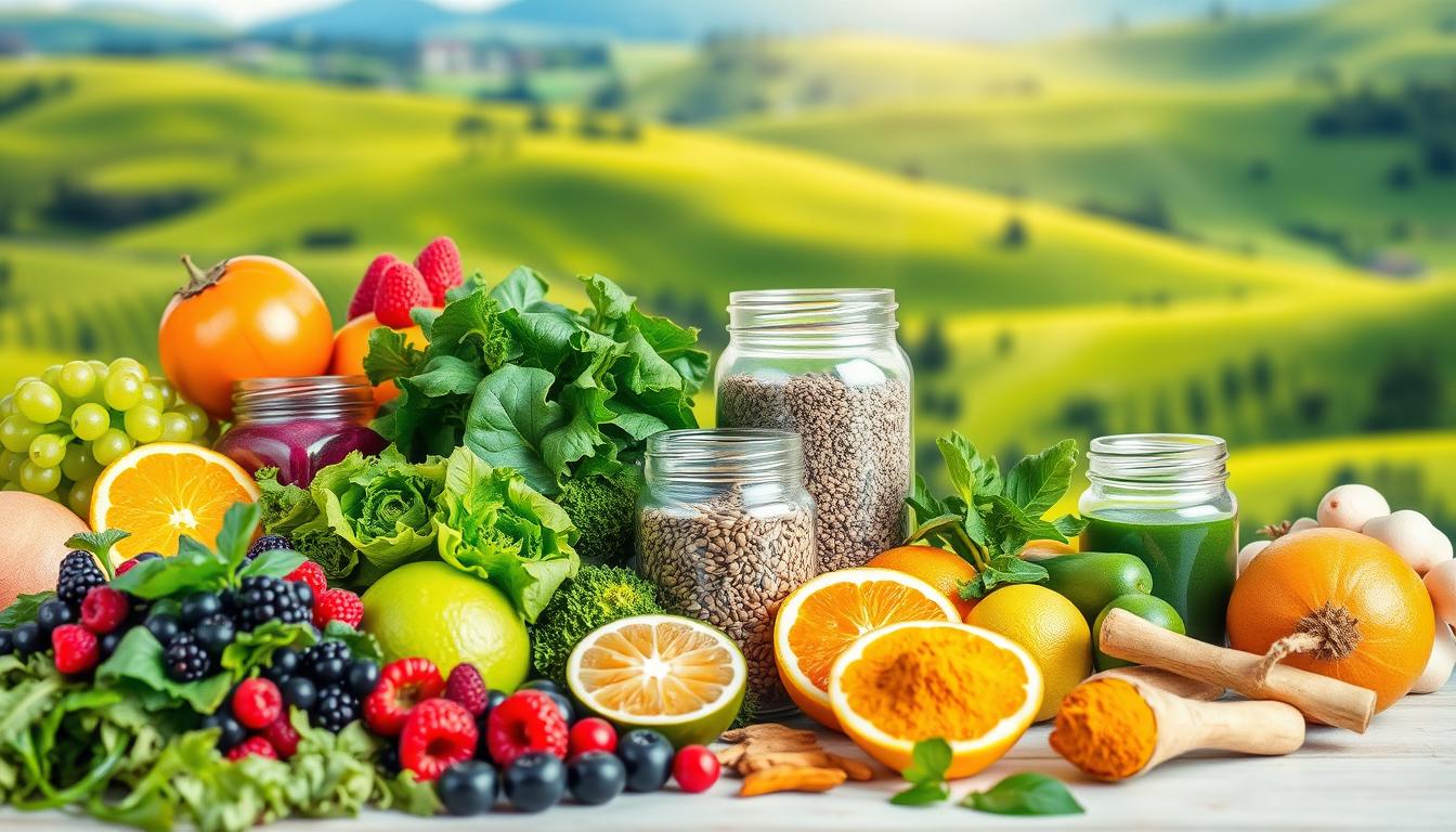 A vibrant still life showcasing a variety of natural weight loss methods. In the foreground, an assortment of fresh fruits and vegetables, including leafy greens, berries, and citrus. In the middle ground, jars containing various superfoods and supplements, such as chia seeds, spirulina, and turmeric. In the background, a lush, verdant landscape with rolling hills and a bright, natural light filtering through. The overall scene conveys a sense of balance, vitality, and the power of holistic approaches to nourishing the body.