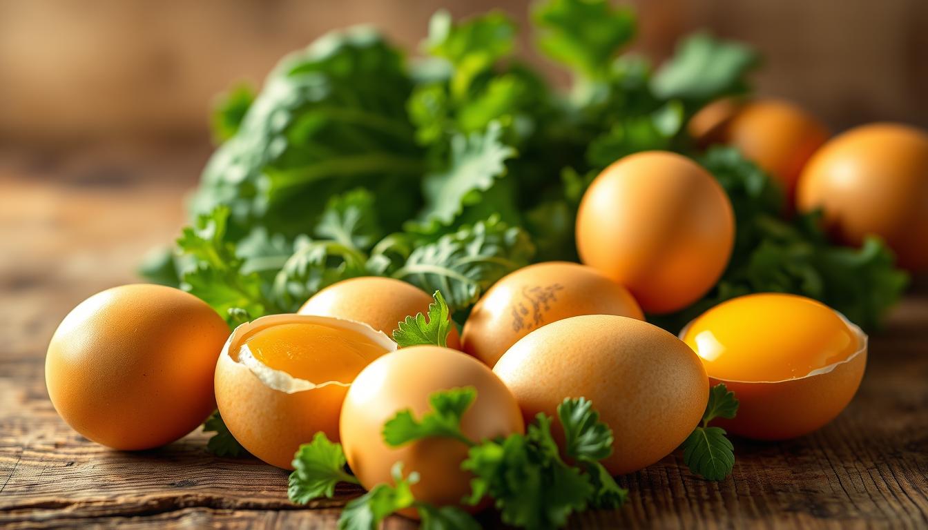 A vibrant still life showcasing a visually captivating arrangement of farm-fresh eggs. The foreground features several large, golden-yolked eggs nestled on a rustic wooden surface, their shells glistening with a natural sheen. The middle ground includes a scattering of leafy greens, perhaps kale or spinach, adding a pop of verdant color and hinting at the nutrient-dense properties of this essential superfood. The background is softly blurred, creating a sense of depth and focus on the central subject. Warm, natural lighting bathes the scene, casting gentle shadows and accentuating the textural details of the ingredients. The overall mood is one of health, vitality, and the power of nature's most nourishing foods.