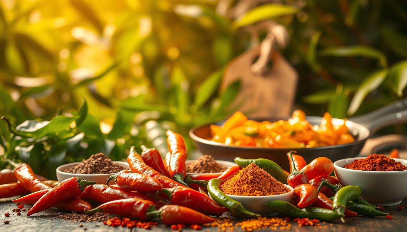 A vibrant still life showcasing an array of spicy foods, sizzling and steaming, against a backdrop of lush, verdant foliage. In the foreground, an assortment of fiery chili peppers in shades of red, orange, and green, their glistening surfaces hinting at the heat within. Surrounding them, a medley of aromatic spices - cumin, paprika, and cayenne - spilling from small bowls, their vibrant hues adding depth and complexity to the scene. In the middle ground, a simmering pan of stir-fried vegetables, the steam rising in wisps, capturing the energy and vitality of a metabolism-boosting meal. Warm, diffused lighting casts a golden glow, accentuating the textures and colors, while a soft, out-of-focus background suggests a lush, tropical environment, further enhancing the sense of vitality and vibrance. A vibrant still life showcasing an array of spicy foods, sizzling and steaming, against a backdrop of lush, verdant foliage. In the foreground, an assortment of fiery chili peppers in shades of red, orange, and green, their glistening surfaces hinting at the heat within. Surrounding them, a medley of aromatic spices - cumin, paprika, and cayenne - spilling from small bowls, their vibrant hues adding depth and complexity to the scene. In the middle ground, a simmering pan of stir-fried vegetables, the steam rising in wisps, capturing the energy and vitality of a metabolism-boosting meal. Warm, diffused lighting casts a golden glow, accentuating the textures and colors, while a soft, out-of-focus background suggests a lush, tropical environment, further enhancing the sense of vitality and vibrance.