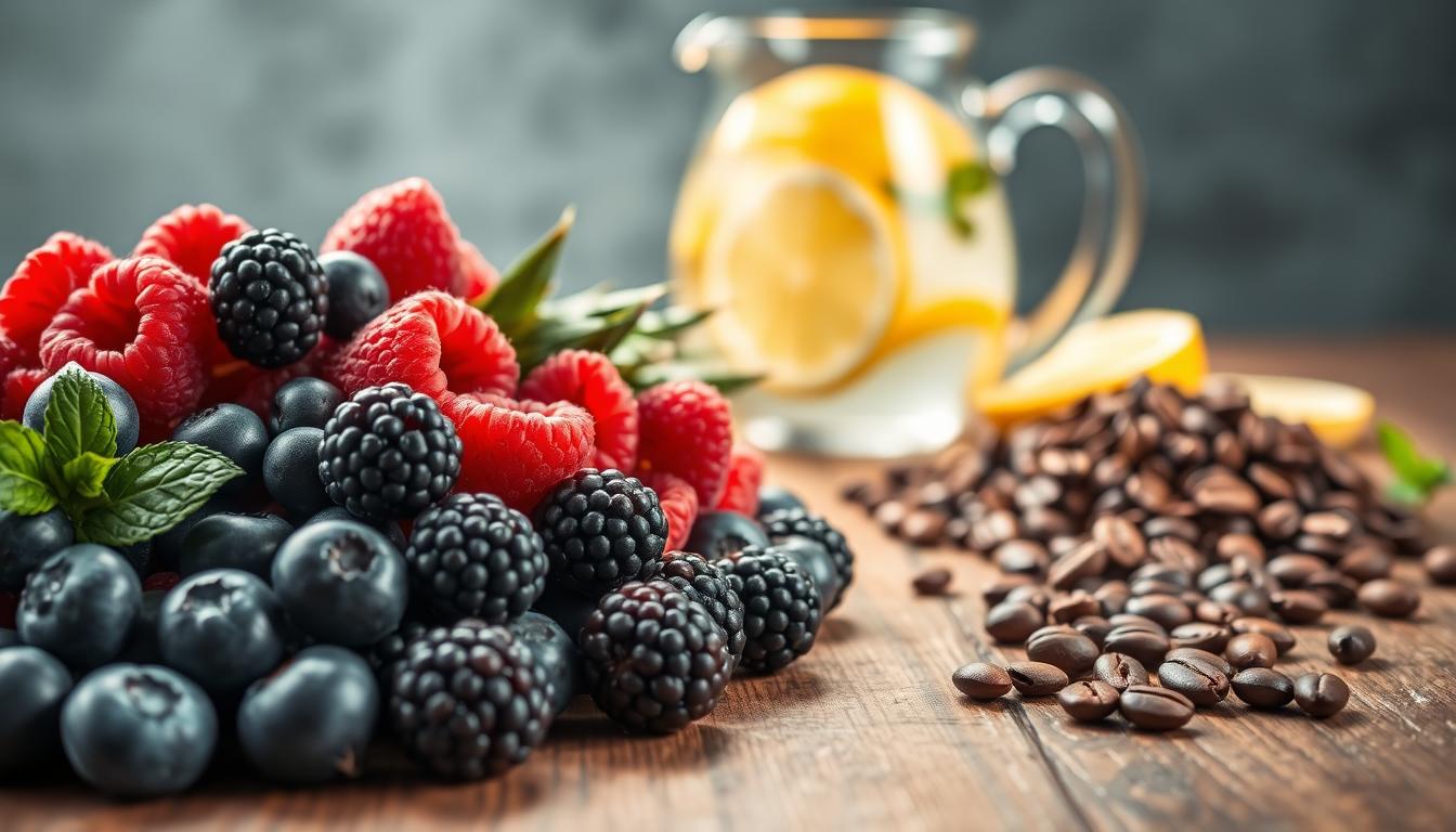 A vibrant still life showcasing an assortment of natural appetite suppressants. In the foreground, a collection of freshly picked berries - blueberries, raspberries, and blackberries - arranged artfully on a wooden table. Slightly out of focus in the middle ground, a bundle of crisp green tea leaves and a handful of roasted coffee beans. In the background, a glass pitcher filled with refreshing lemon-infused water, casting a soft, natural light across the scene. The overall composition evokes a sense of balance, health, and mindful nourishment.