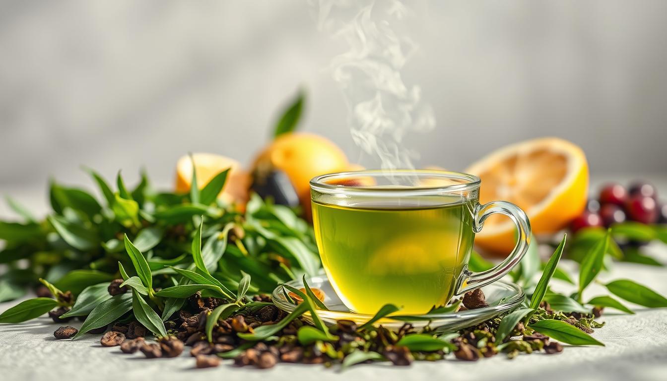 A vibrant still life showcasing the benefits of green tea, captured under soft, natural lighting. In the foreground, a delicate glass teacup filled with steaming green tea, its fragrant steam rising gracefully. Surrounding the cup, an assortment of fresh green tea leaves, their rich, verdant hues accentuated by the warm lighting. In the middle ground, a selection of healthy ingredients commonly associated with green tea's benefits, such as lemon slices, honey, and perhaps a few antioxidant-rich berries. The background features a clean, minimalist setting, allowing the vibrant green tones and the tranquil atmosphere to take center stage, inviting the viewer to pause and appreciate the soothing and healthful properties of this ancient beverage.