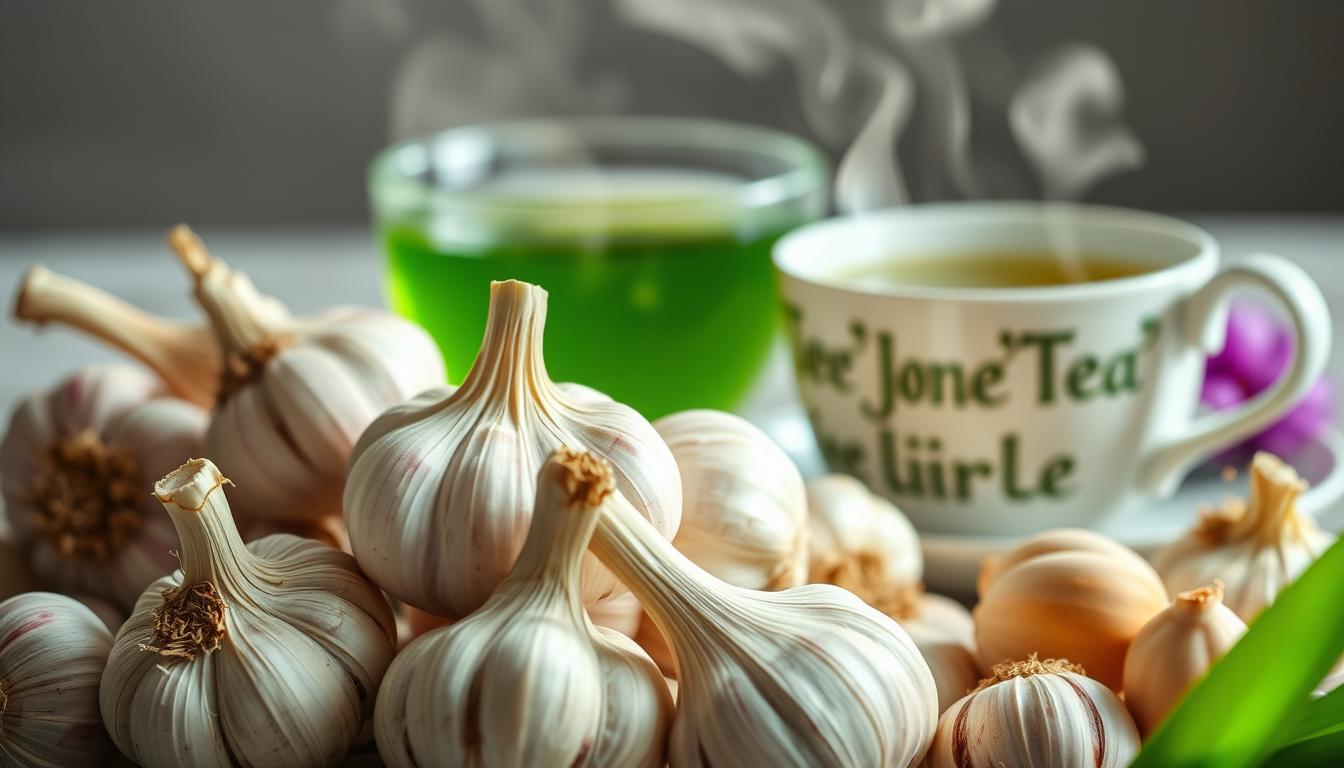 A vibrant still life showcasing the immune-boosting benefits of garlic and green tea. In the foreground, a cluster of freshly harvested garlic bulbs in varying shades of white and purple, their pungent aroma filling the air. Behind them, a delicate ceramic teacup steams with a fragrant green tea infusion, its verdant hue reflecting the healthful properties of the leaves. Soft, diffused lighting gently illuminates the scene, creating a warm, inviting atmosphere. The overall composition conveys the natural synergy between these two powerful ingredients, highlighting their role in supporting a robust and resilient immune system.