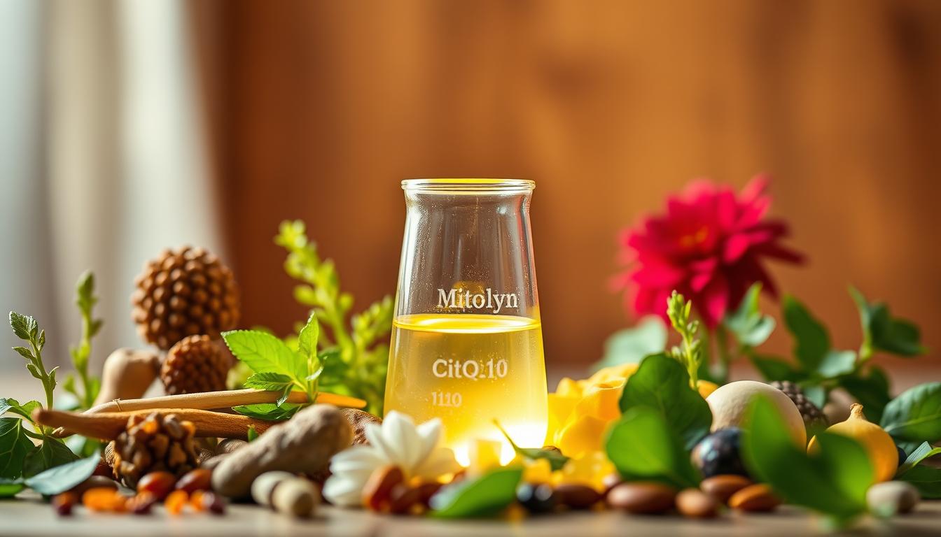 A vibrant still life showcasing the key ingredients of Mitolyn, an advanced mitochondrial health supplement. In the foreground, an array of botanicals including ashwagandha, CoQ10, and alpha-lipoic acid are carefully arranged. In the middle ground, a glass beaker contains a glowing, luminescent liquid, representing the potent, bioavailable formulation. The background is softly lit, creating a warm, inviting atmosphere that emphasizes the natural, science-backed efficacy of this cutting-edge supplement. Crisp lighting from the side accentuates the texture and depth of the various components, while a slight angle adds visual interest and a sense of dynamism to the overall composition. A vibrant still life showcasing the key ingredients of Mitolyn, an advanced mitochondrial health supplement. In the foreground, an array of botanicals including ashwagandha, CoQ10, and alpha-lipoic acid are carefully arranged. In the middle ground, a glass beaker contains a glowing, luminescent liquid, representing the potent, bioavailable formulation. The background is softly lit, creating a warm, inviting atmosphere that emphasizes the natural, science-backed efficacy of this cutting-edge supplement. Crisp lighting from the side accentuates the texture and depth of the various components, while a slight angle adds visual interest and a sense of dynamism to the overall composition.