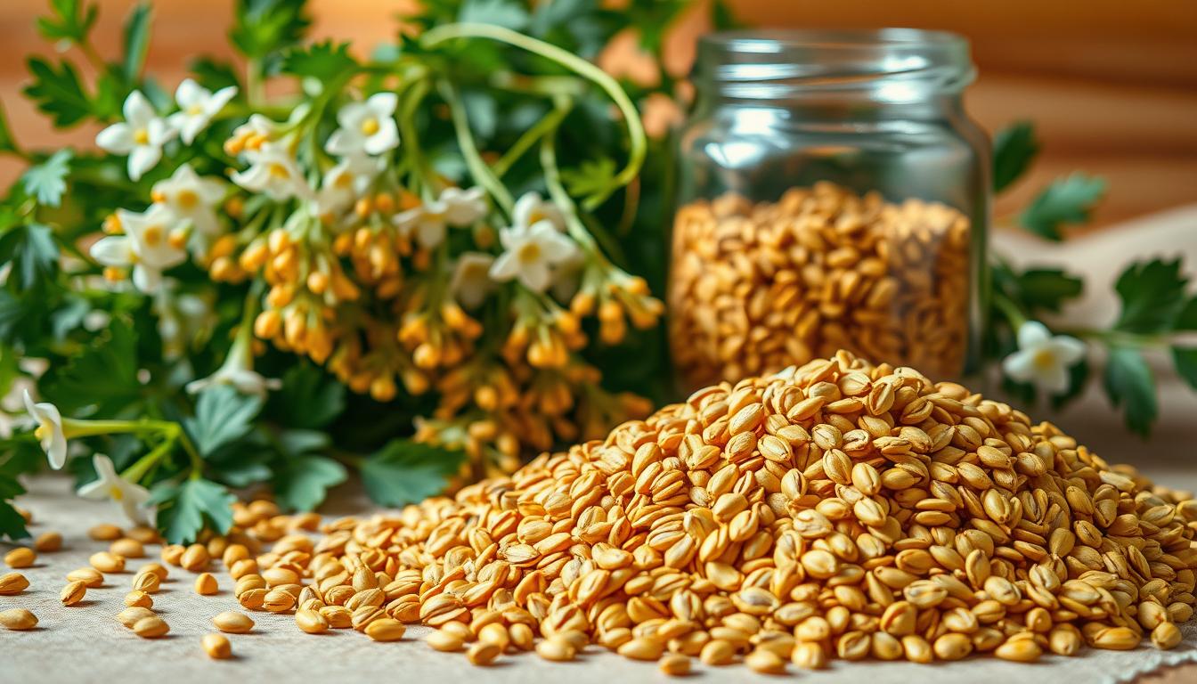 A vibrant still life showcasing the natural wonder of fenugreek. In the foreground, a pile of golden-brown fenugreek seeds, their intricate patterns and warm hues inviting closer inspection. Surrounding them, lush green fenugreek leaves and delicate white flowers, their delicate tendrils curling and twisting. In the middle ground, a glass jar filled with the fragrant spice, its translucent surface allowing the contents to shimmer. The background fades into a soft, natural backdrop, perhaps a wooden table or cloth, allowing the vibrant colors and textures of the fenugreek to take center stage. Warm, even lighting illuminates the scene, casting gentle shadows and highlighting the plant's natural beauty. The overall composition conveys the appetite-stimulating properties of this versatile herb.