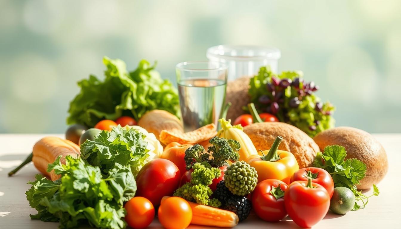 A vibrant, stylized illustration depicting the DASH diet for health. In the foreground, a selection of colorful, fresh produce including leafy greens, vegetables, and fruits, arranged in an aesthetically pleasing manner. In the middle ground, a glass of water, a whole grain product, and a lean protein source, all symbolizing the key components of the DASH diet. The background features a soft, blurred gradient of soothing blues and greens, conveying a sense of balance and wellness. The lighting is natural and warm, highlighting the vibrancy of the ingredients. The overall composition is clean, modern, and visually appealing, capturing the essence of the DASH diet as an effective anti-inflammatory option.