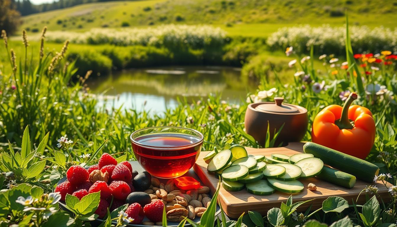 A vibrant, sun-dappled meadow with lush, verdant foliage. In the foreground, a variety of natural appetite suppressants are artfully arranged - juicy berries, freshly brewed herbal tea, a bowl of nuts and seeds, and a cutting board with sliced cucumbers and bell peppers. The middle ground features a serene pond, its surface reflecting the surrounding greenery. In the background, a rolling hill is adorned with wildflowers, creating a sense of tranquility and abundance. The lighting is soft and warm, enhancing the natural, wholesome atmosphere. The overall composition conveys a harmonious and nourishing approach to appetite management. A vibrant, sun-dappled meadow with lush, verdant foliage. In the foreground, a variety of natural appetite suppressants are artfully arranged - juicy berries, freshly brewed herbal tea, a bowl of nuts and seeds, and a cutting board with sliced cucumbers and bell peppers. The middle ground features a serene pond, its surface reflecting the surrounding greenery. In the background, a rolling hill is adorned with wildflowers, creating a sense of tranquility and abundance. The lighting is soft and warm, enhancing the natural, wholesome atmosphere. The overall composition conveys a harmonious and nourishing approach to appetite management.