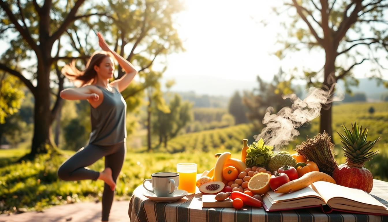 A vibrant, sun-dappled scene of a serene outdoor lifestyle that supports immune health. In the foreground, a person gracefully moves through a flowing yoga pose, their face radiating calm and focus. In the middle ground, a bountiful table is set with an array of fresh, colorful fruits and vegetables, alongside a steaming mug and a book on holistic wellness. The background features a lush, verdant landscape with towering trees and a gentle breeze, creating an atmosphere of tranquility and rejuvenation. Soft, warm lighting bathes the scene, enhancing the sense of harmony and well-being.