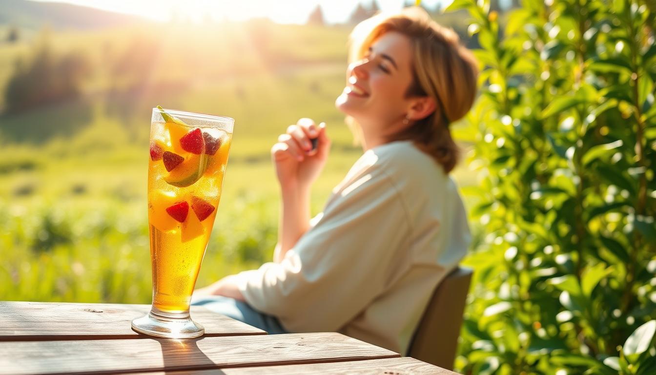 A vibrant, sun-drenched scene of a person enjoying a refreshing nonalcoholic beverage, surrounded by lush greenery and natural light. In the foreground, a glass filled with a colorful, fruity concoction sits on a wooden table, reflecting the warm glow of the sun. In the middle ground, the person, dressed in casual, comfortable attire, leans back with a relaxed, content expression, emphasizing the importance of limiting alcohol intake to support the body's natural detoxification process. The background features a serene, tranquil landscape, with verdant plants and a calming, pastoral atmosphere, reinforcing the idea of a healthy, balanced lifestyle.
