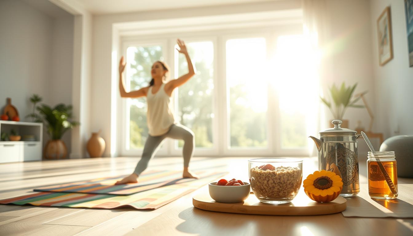 A vibrant, sun-lit morning scene depicting effective NEAT (Non-Exercise Activity Thermogenesis) activation strategies for healthy habits. In the foreground, a person performs gentle stretches and mindful breathing exercises on a colorful yoga mat. In the middle ground, they enthusiastically prepare a nutritious breakfast of fresh fruits, oatmeal, and herbal tea. The background features an airy, minimalist home interior with large windows allowing natural light to stream in, creating a serene and rejuvenating atmosphere. The lighting is soft and diffused, highlighting the activity and wellness elements. The composition emphasizes balance, energy, and a sense of purposeful self-care.