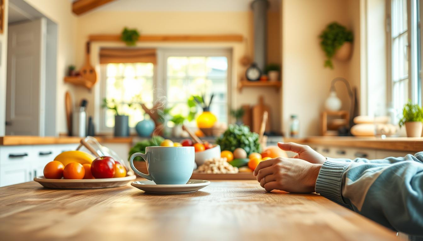 A vibrant, sunlit kitchen with a serene atmosphere. In the foreground, a person sits at a wooden table, mindfully enjoying a fresh, nutritious breakfast. Their hands cradle a steaming mug of tea, the steam gently curling upwards. In the middle ground, an array of colorful whole foods - fruits, vegetables, grains - are artfully arranged, suggesting a balanced, metabolism-boosting meal. The background features a large window, allowing natural light to flood the space and create a warm, inviting ambiance. The overall scene conveys a sense of calm, focus, and a commitment to mindful, healthful habits.