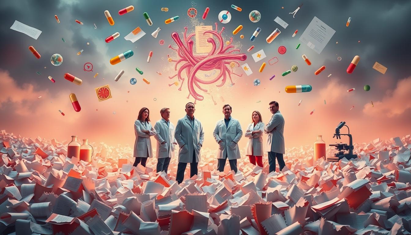 A vibrant, thought-provoking scene depicting the debunking of common health myths. In the foreground, a team of medical experts, clad in white lab coats, stand amidst a sea of torn, crumpled pages representing outdated beliefs. Beakers, microscopes, and other scientific instruments surround them, illuminated by a warm, focused light. In the middle ground, a swirling array of medical iconography - pills, stethoscopes, and symbols of traditional and alternative medicine - converge, symbolizing the clash between myth and fact. The background is a hazy, dreamlike landscape, hinting at the complexity and uncertainty that often shroud health-related discussions, inviting the viewer to ponder the nuances of the topic.