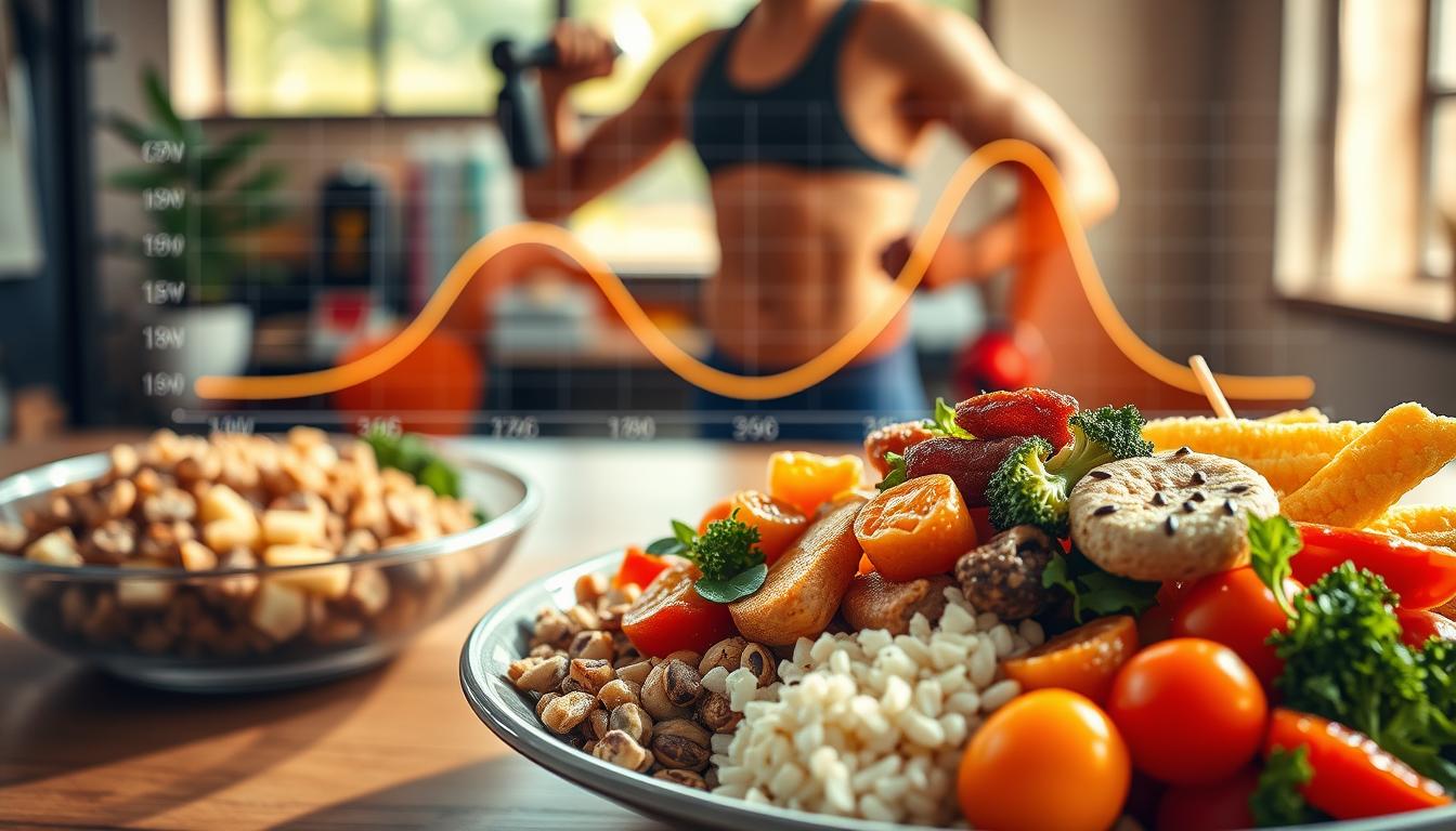 A vibrant visual representation of carb cycling strategies. In the foreground, a plate with a diverse array of nutritious foods, including whole grains, vegetables, and lean proteins, symbolizing the balanced macronutrient intake during the high-carb phase. The middle ground features a person performing a strength-training exercise, highlighting the importance of resistance training to complement the dietary approach. In the background, a dynamic graph or chart illustrates the cyclical nature of carb intake, with peaks and valleys representing the high-carb and low-carb phases, respectively. The scene is bathed in warm, natural lighting, conveying a sense of wellness and vitality. The overall composition emphasizes the science-backed principles of metabolic confusion through strategic carb cycling for rapid fat loss.