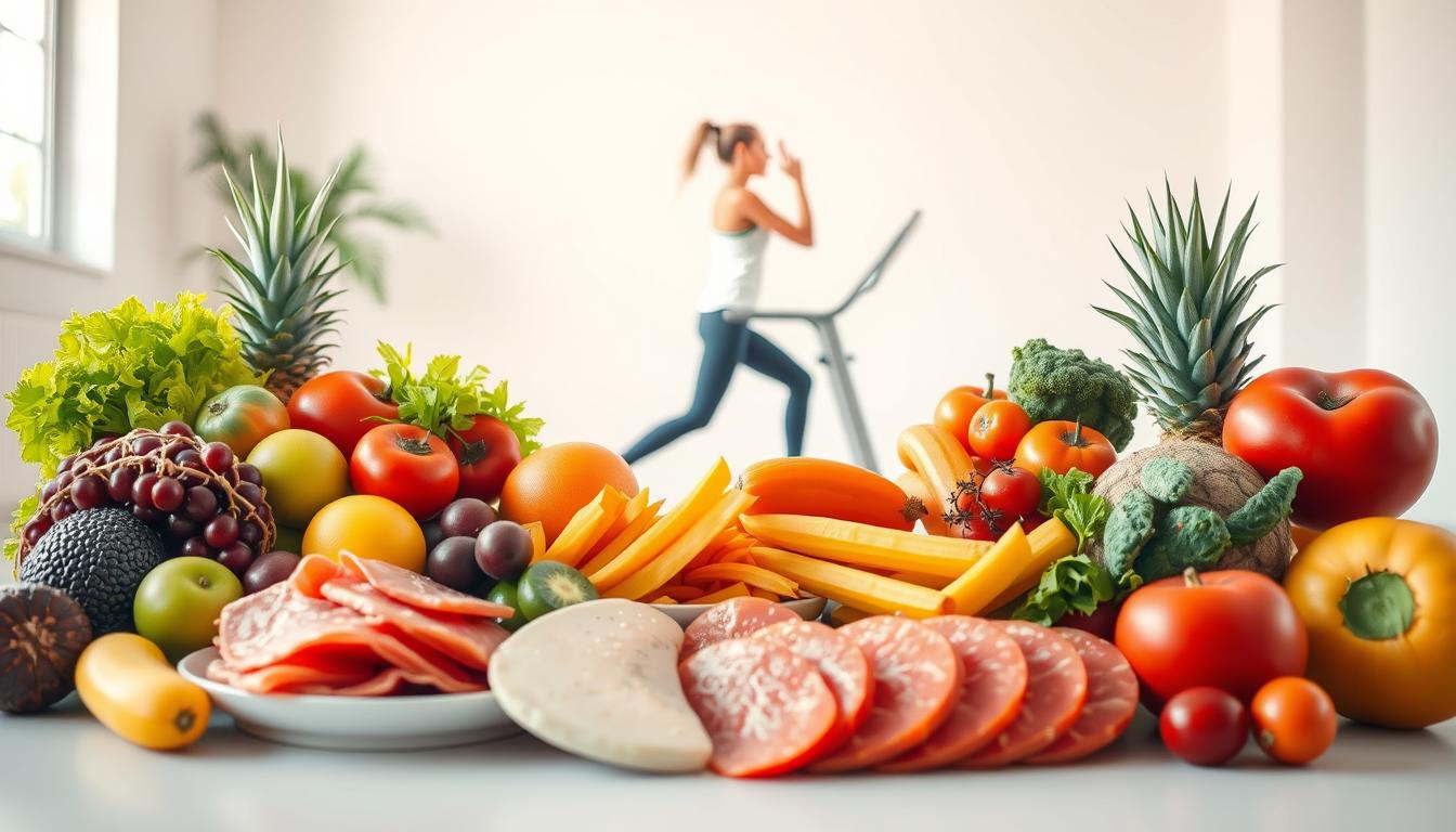 A vibrant, visually striking scene depicting various weight loss strategies. In the foreground, a selection of healthy foods like fruits, vegetables, and lean proteins are arranged artfully. In the middle ground, a person performing exercises like yoga or running on a treadmill, conveying the importance of physical activity. In the background, a clean, minimalist environment with natural lighting, suggesting a sense of simplicity and balance. The overall mood is one of vitality, positivity, and a holistic approach to weight management.