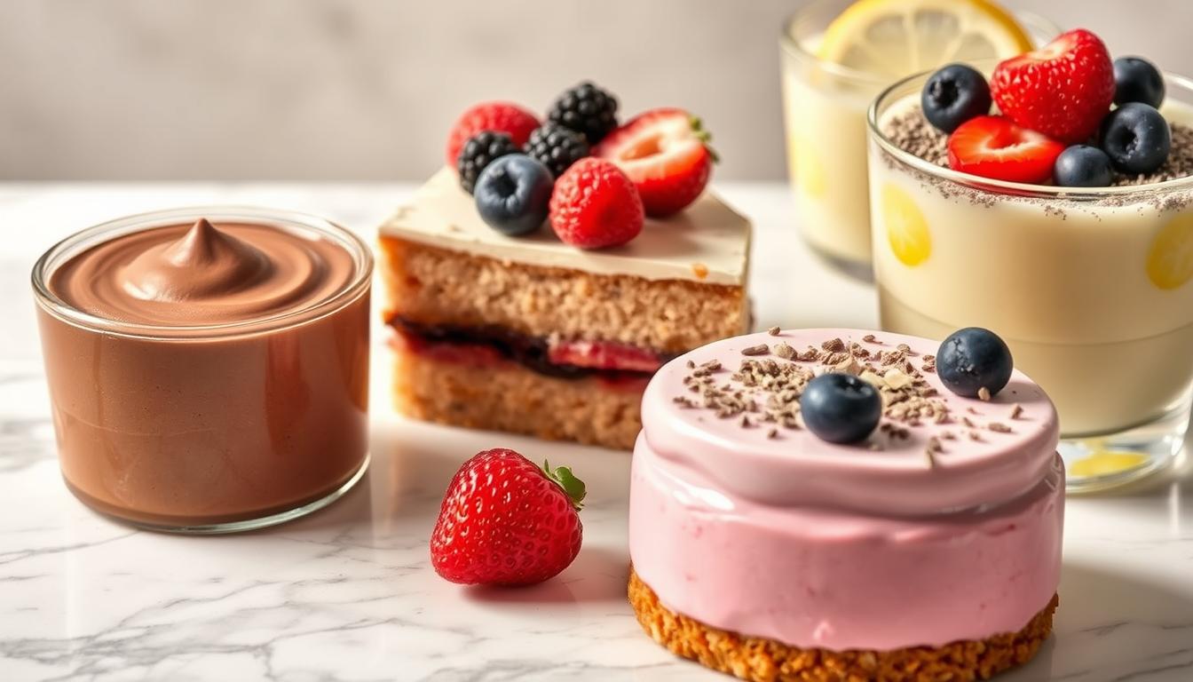 A vibrant, well-lit close-up image of an assortment of low-carb, sugar-free desserts, including a creamy chocolate mousse, a decadent almond flour cake with fresh berries, and a refreshing lemon chia pudding. The desserts are elegantly arranged on a marble surface, with a soft, natural background highlighting their delicate textures and vibrant colors. The lighting creates a warm, inviting atmosphere, emphasizing the guilt-free indulgence of these healthier treats. The image conveys the benefits of choosing low-carb, sugar-free desserts - they can be just as delicious and visually appealing as traditional desserts, without the added sugars and carbohydrates.