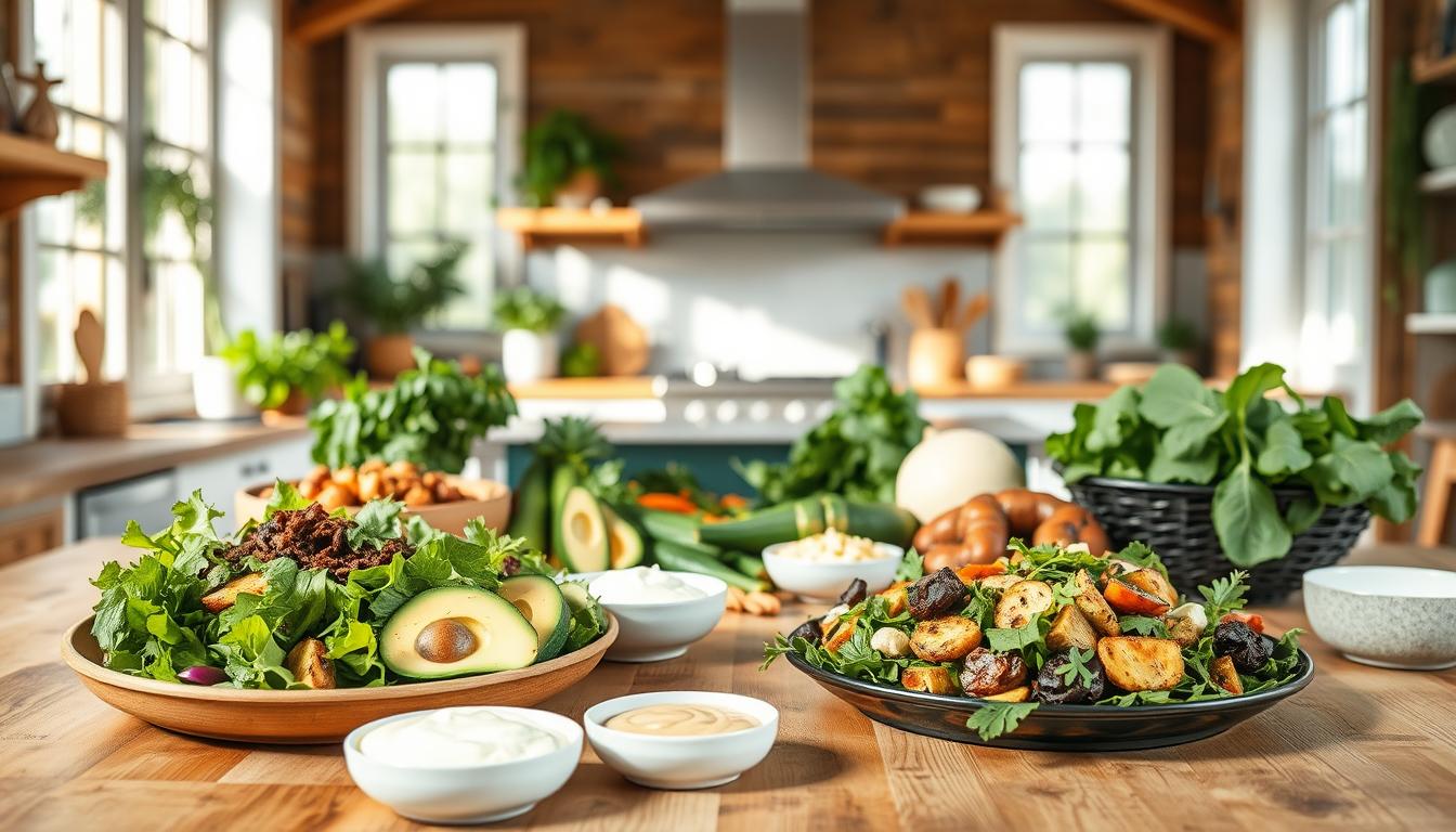 A vibrant, well-lit kitchen scene showcasing an array of delectable vegetarian low-carb recipes. In the foreground, a wooden table displays an assortment of colorful dishes, including a hearty salad with leafy greens, sliced avocado, and roasted vegetables, accompanied by a creamy dip. In the middle ground, various ingredients such as fresh herbs, zucchini, and nut-based protein sources are neatly arranged, reflecting the healthy and balanced nature of the recipes. The background features a bright, airy space with natural lighting filtering in through large windows, creating a warm and inviting atmosphere. The overall scene evokes a sense of culinary creativity and nutritious indulgence, perfectly capturing the essence of "Vegetarian Low-Carb Options."
