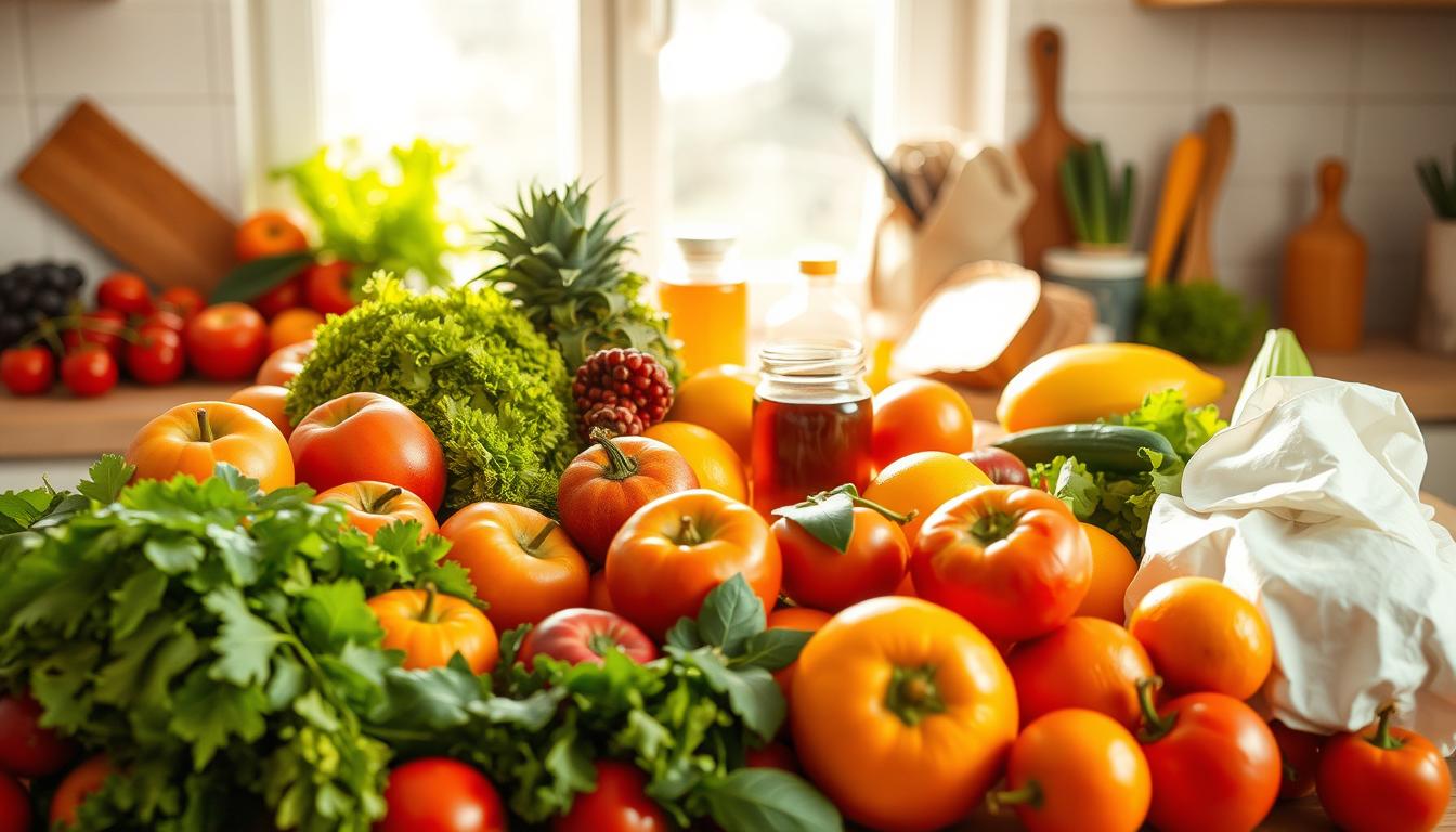 A vibrant, well-lit kitchen scene showcasing an array of fresh, whole foods. In the foreground, an assortment of colorful fruits and vegetables - crisp apples, juicy oranges, leafy greens - arranged in an inviting display. In the middle ground, a wooden cutting board with a knife and minimal processed food items, such as a jar of honey and a loaf of whole-grain bread. The background features a sun-drenched window, casting a warm glow over the scene and highlighting the natural, unprocessed nature of the ingredients. The overall mood is one of health, vitality, and a conscious, balanced approach to nutrition.
