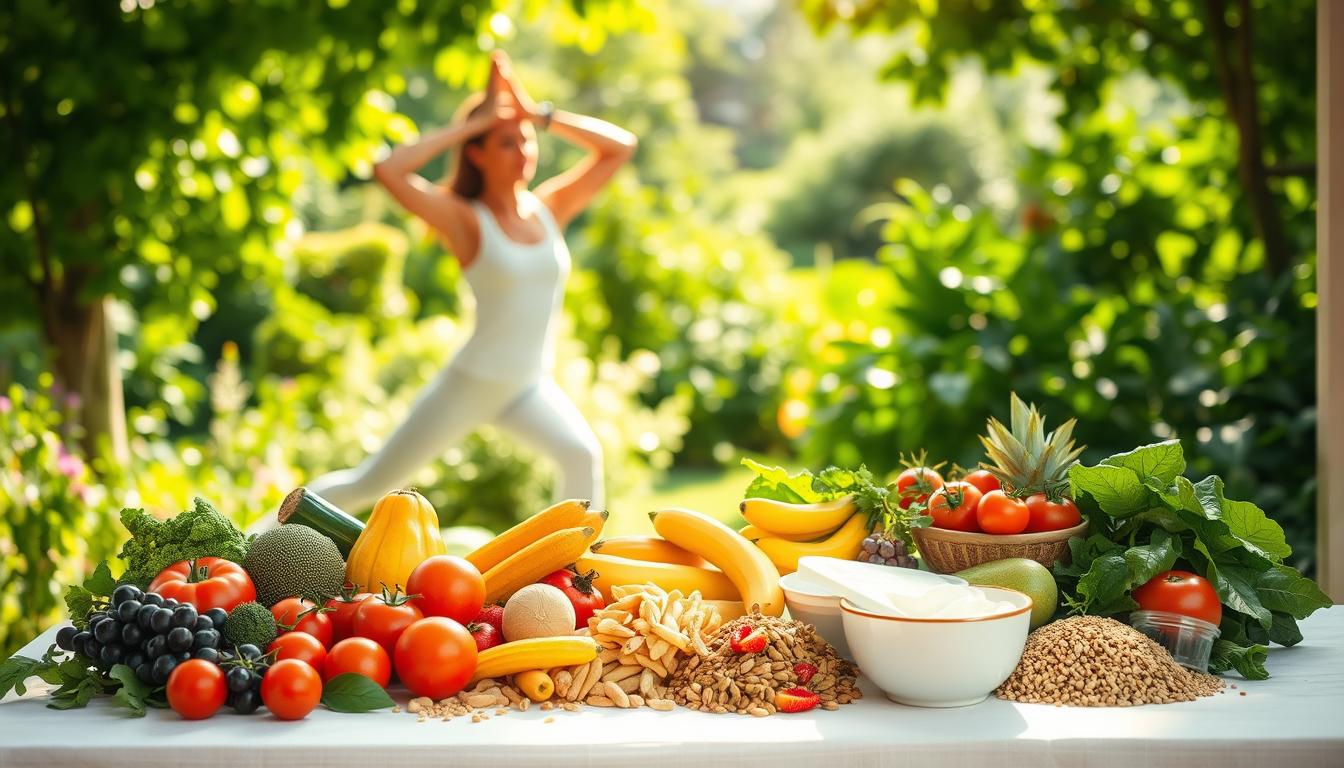 A vibrant, well-lit scene depicting a healthy lifestyle for improved digestion. In the foreground, a person performing yoga poses, their body in fluid motion. In the middle ground, a table with a variety of nutritious whole foods - fresh fruits, vegetables, whole grains, and probiotic-rich yogurt. In the background, a lush, verdant garden with sunlight streaming through the leaves, creating a serene, calming atmosphere. The overall composition conveys the interconnectedness of diet, exercise, and optimal digestive health.