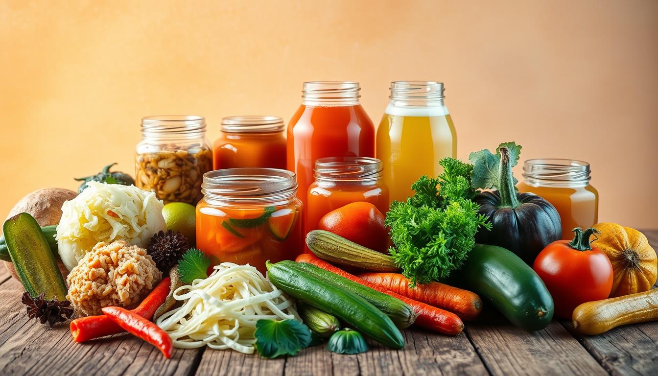 A vibrant, well-lit still life arrangement featuring an assortment of fermented foods for gut health. In the foreground, a variety of fermented vegetables such as sauerkraut, kimchi, and pickles are arranged artfully on a rustic wooden table. In the middle ground, jars of probiotic-rich kefir and kombucha are placed strategically. The background showcases a soft, warm-toned backdrop, perhaps a textured wall or natural setting, to create a cozy, inviting atmosphere. The image radiates a sense of health, vitality, and the benefits of consuming fermented foods for improved digestion and immune function. A vibrant, well-lit still life arrangement featuring an assortment of fermented foods for gut health. In the foreground, a variety of fermented vegetables such as sauerkraut, kimchi, and pickles are arranged artfully on a rustic wooden table. In the middle ground, jars of probiotic-rich kefir and kombucha are placed strategically. The background showcases a soft, warm-toned backdrop, perhaps a textured wall or natural setting, to create a cozy, inviting atmosphere. The image radiates a sense of health, vitality, and the benefits of consuming fermented foods for improved digestion and immune function.