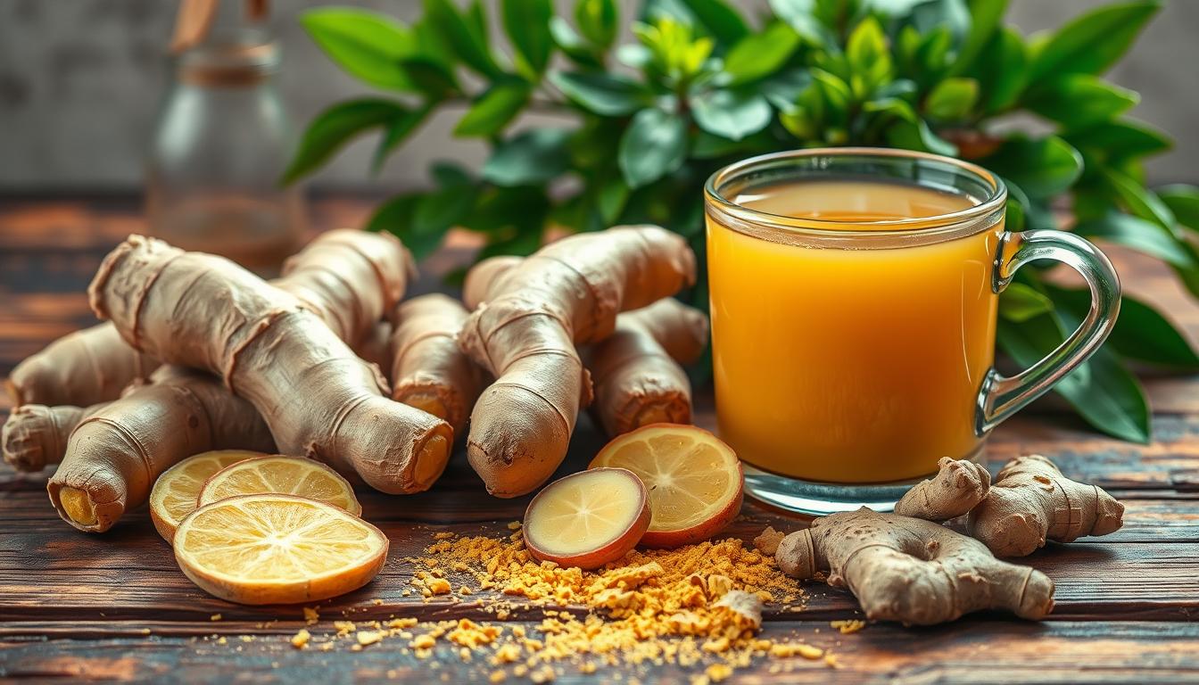 A vibrantly colored still life featuring a variety of fresh ginger roots, sliced ginger, and a steaming mug of ginger tea. The ginger is artfully arranged on a rustic wooden surface, with a sprinkling of ginger powder and crushed ginger pieces adding textural interest. The lighting is soft and diffused, creating a warm, comforting atmosphere. In the background, a lush green plant adds a touch of natural freshness, while the overall composition conveys the soothing, nausea-relieving properties of ginger. The image evokes a sense of natural, pregnancy-safe remedies for morning sickness.
