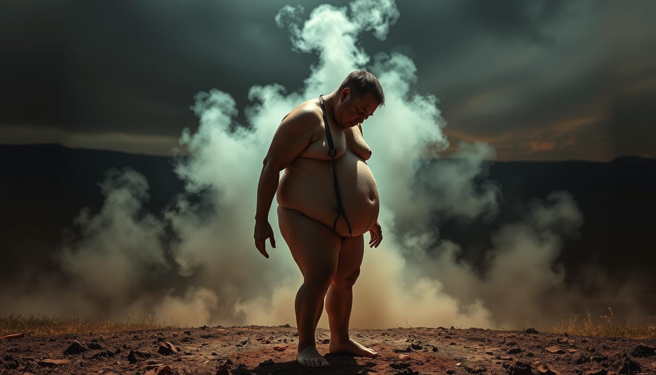 A visceral depiction of the insidious impact of toxins on weight loss. In the foreground, a distorted and swollen human figure, its limbs contorted and body bloated, symbolizing the damaging effects of toxins on the body's natural processes. In the middle ground, a hazy, translucent cloud of noxious substances, casting an ominous shadow over the figure, representing the pervasive presence of toxins. The background is a vibrant, yet unsettling landscape, with muted colors and a sense of unease, conveying the overall atmosphere of the toxin-laden environment. Dramatic lighting casts sharp shadows, highlighting the toxin's corrosive influence. The scene evokes a sense of urgency and the need to address the impact of toxins on weight loss.