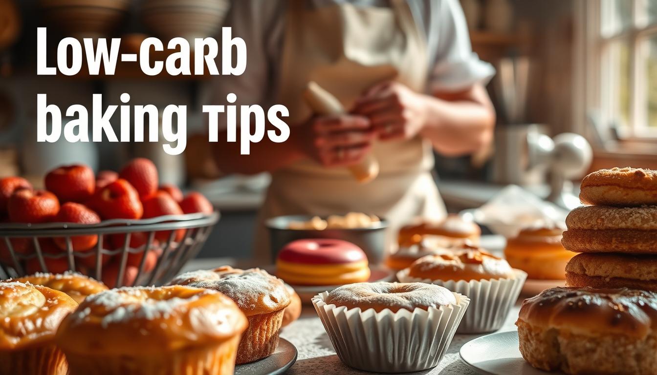 A visually arresting scene depicting low-carb baking tips. In the foreground, an array of freshly baked low-carb pastries and treats, their vibrant colors and textures inviting the viewer to indulge. In the middle ground, a skilled baker, their hands deftly manipulating low-carb ingredients with precision. The background reveals a well-equipped, sun-dappled kitchen, highlighting the tools and techniques essential for creating guilt-free, low-carb desserts. The overall mood is one of abundance, creativity, and a sense of culinary mastery, conveying the notion that healthy baking can be both delicious and visually captivating.