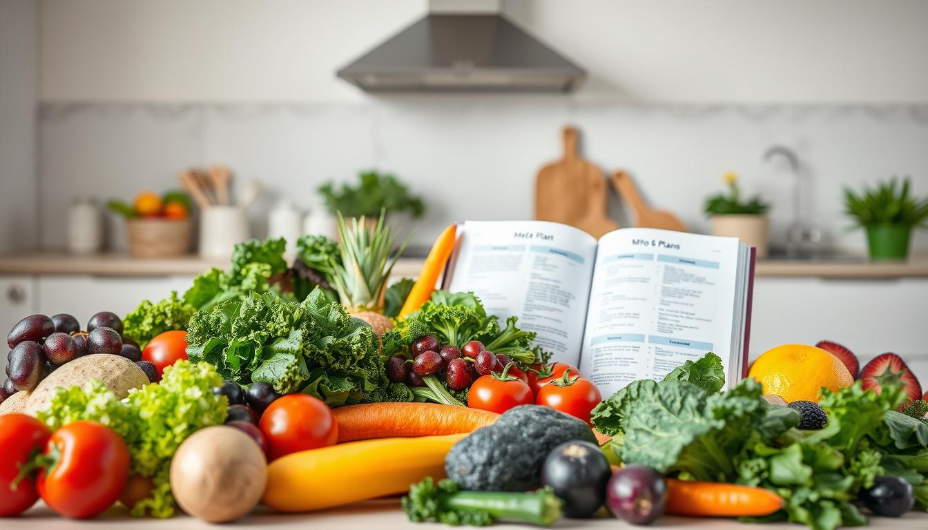A visually captivating layout showcasing the key components of the Mito Food Plan. In the foreground, an array of fresh, vibrant produce such as leafy greens, colorful vegetables, and nutrient-dense fruits, artfully arranged to highlight their natural beauty. In the middle ground, an open recipe book or meal planning guide, its pages displaying wholesome, balanced meal ideas. The background features a clean, minimalist kitchen setting, with soft, natural lighting illuminating the scene. The overall composition conveys a sense of wellness, vitality, and the ease of following a Mito-friendly approach to weight loss through thoughtful meal planning.