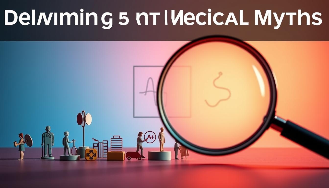 A visually striking composition depicting the debunking of common medical myths. In the foreground, a magnifying glass hovers over various medical icons, casting a revealing light on the truth behind these misconceptions. The middle ground features a minimalist medical diagram, subtly hinting at the scientific underpinnings that dispel the myths. The background is a vibrant, saturated gradient, creating a sense of energy and dynamism. The overall scene is captured with a sharp, high-contrast lens, emphasizing the clarity and precision of medical science.
