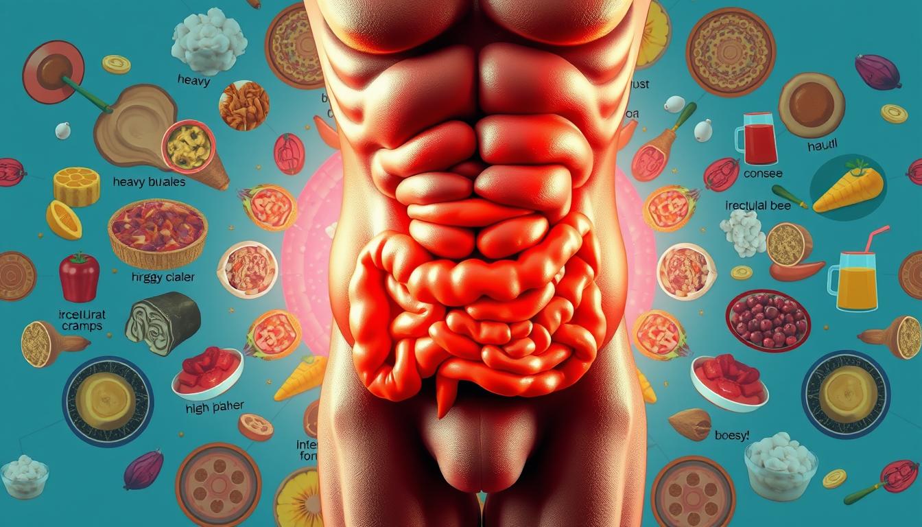 A visually striking composition depicting the physical manifestations of bloating and poor digestion. In the foreground, a detailed anatomical illustration showcases an inflamed, swollen abdomen - the central trigger of this discomfort. Surrounding it, a variety of relatable symptoms materializes, including gas bubbles, intestinal cramps, and discolored, irregular bowel movements. The middle ground features a vibrant, kaleidoscopic backdrop of various trigger foods - from heavy, oily dishes to carbonated beverages and high-fiber items. Lighting is soft and natural, creating a sense of depth and emphasizing the complexity of this digestive issue. Rendered in a bold, hyper-realistic style, this image aims to visually encapsulate the multifaceted nature of bloating and poor digestion.