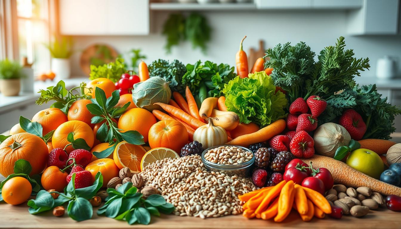 A visually striking scene showcasing a bountiful display of immune-boosting superfoods. In the foreground, an array of vibrant fruits and vegetables - juicy oranges, leafy greens, crisp carrots, ripe berries - arranged in a radiant, mouth-watering composition. The middle ground features whole grains, nuts, and legumes, each element highlighted with a warm, natural light that accentuates their textural details. In the background, a serene, softly-focused kitchen setting, with clean lines and a minimalist aesthetic, creating a sense of balance and harmony. The overall scene exudes a vibrant, healthy, and inviting atmosphere, perfectly capturing the power of nutrient-dense foods in strengthening the immune system.