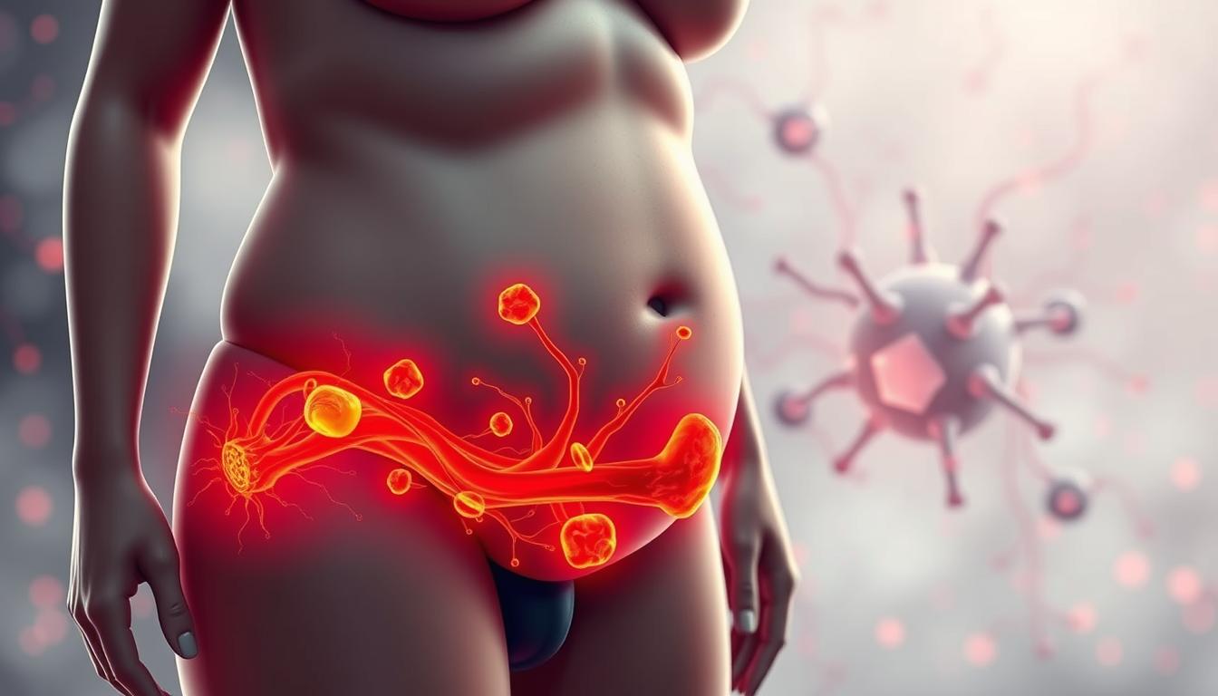 A vivid, high-quality digital illustration depicting the effects of chronic inflammation on weight gain. In the foreground, a human figure with an enlarged, bloated abdomen, visually representing the accumulation of fat due to inflammatory processes. The middle ground showcases inflamed lymph nodes, blood vessels, and cells, highlighted with a vibrant, warm color palette. In the background, a hazy, abstract representation of metabolic pathways disrupted by persistent inflammation. The overall scene conveys a sense of unease and the physiological toll of chronic inflammation on the body's natural weight regulation mechanisms.