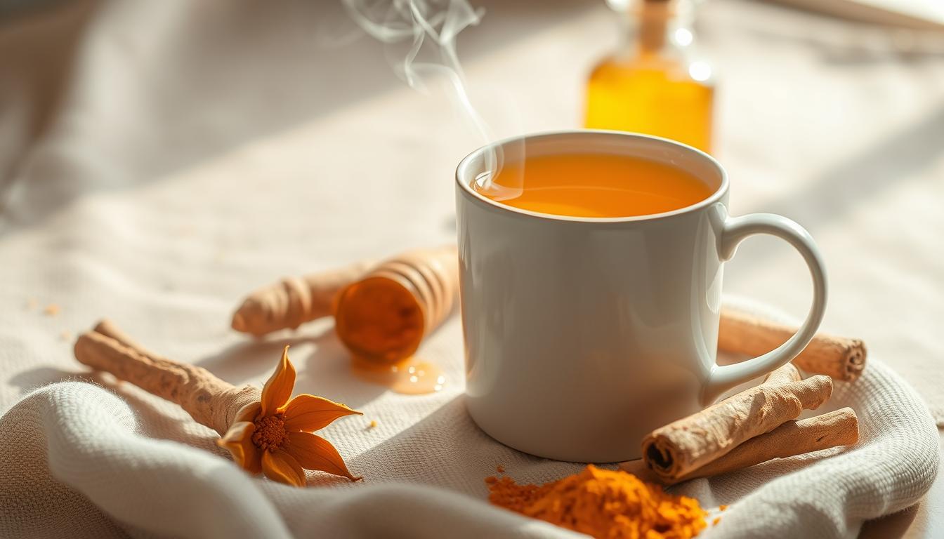 A warm and cozy still life of a mug of turmeric tea, set against a backdrop of fresh turmeric roots, cinnamon sticks, and honey. The vibrant golden hue of the tea, accented by a subtle wisp of steam, takes center stage. The scene is bathed in soft, natural lighting, creating a serene and inviting atmosphere. The arrangement is carefully composed, with the various elements complementing each other in a visually appealing way. This image evokes the soothing and restorative properties of turmeric tea, perfectly capturing its role as a natural aid for fat burning and anti-inflammatory benefits.