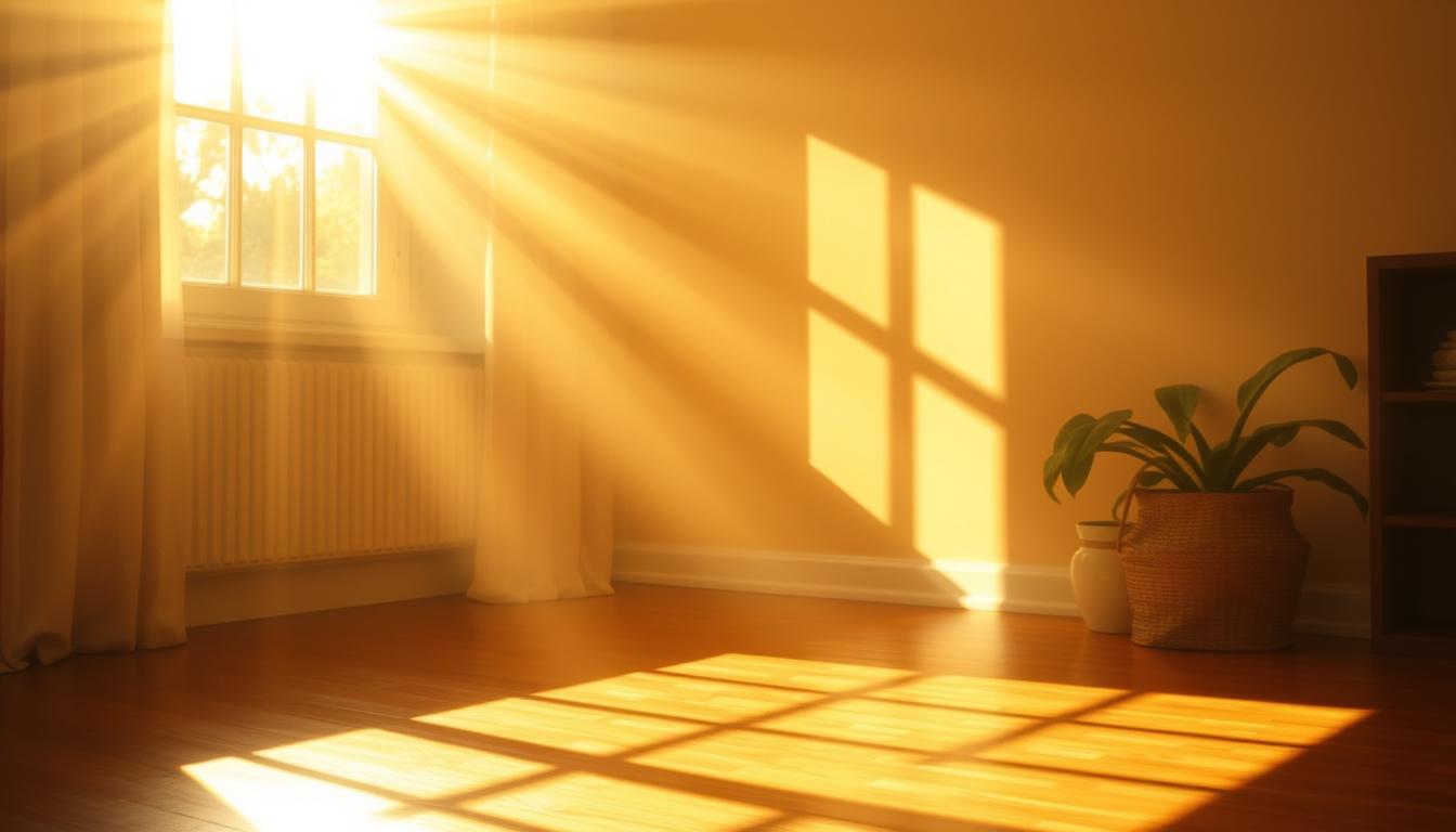 A warm, golden glow fills the frame as the morning sun casts its rays through a window, illuminating a cozy, inviting space. The soft, diffused light gently caresses the skin, radiating an invigorating energy. Shadows dance across the floor, creating a mesmerizing, vibrant pattern. The scene evokes a sense of tranquility and rejuvenation, perfectly capturing the essence of soaking up the morning sunlight for natural fat burn.