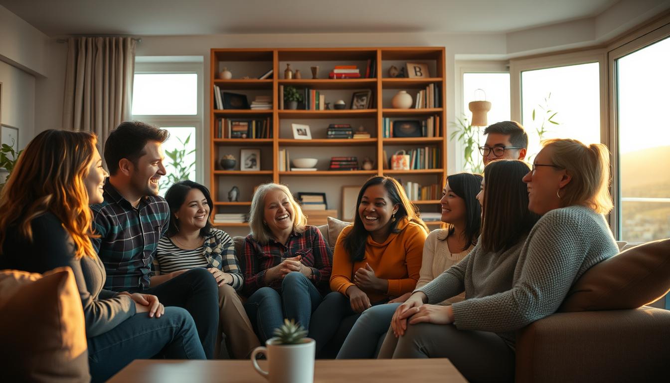 A warm, intimate living room setting, bathed in soft, vibrant lighting. In the foreground, a group of friends and family members gathered around a couch, engaging in lively conversation and laughter. Their expressions exude warmth, support, and a sense of community. In the middle ground, a large bookshelf filled with books and meaningful trinkets, symbolizing the depth of their relationships. The background features a panoramic window, letting in natural light and offering a serene, outdoor view, creating a calming, yet energized atmosphere. This image captures the essence of a strong support system, where individuals come together to uplift, encourage, and inspire one another on their shared journey. A warm, intimate living room setting, bathed in soft, vibrant lighting. In the foreground, a group of friends and family members gathered around a couch, engaging in lively conversation and laughter. Their expressions exude warmth, support, and a sense of community. In the middle ground, a large bookshelf filled with books and meaningful trinkets, symbolizing the depth of their relationships. The background features a panoramic window, letting in natural light and offering a serene, outdoor view, creating a calming, yet energized atmosphere. This image captures the essence of a strong support system, where individuals come together to uplift, encourage, and inspire one another on their shared journey.