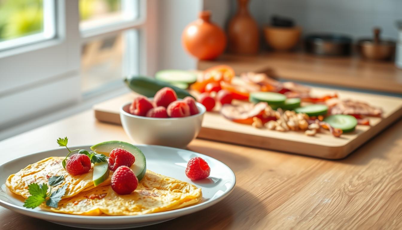 A warm, inviting kitchen scene with a neatly arranged spread of low-carb breakfast options. In the foreground, a plate showcases a savory omelet, garnished with fresh herbs and sliced avocado. Alongside, a bowl of creamy Greek yogurt topped with plump raspberries and a sprinkle of chopped nuts. In the middle ground, a cutting board displays sliced cucumber, tomatoes, and crisp bacon. The background features a vibrant, airy window, allowing natural light to flood the space, casting a gentle glow over the scene. The overall atmosphere is one of health, simplicity, and culinary delight.