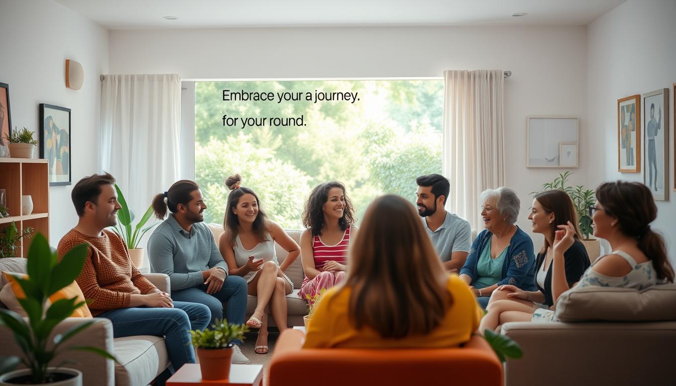 A warm, inviting living room scene, bathed in soft, natural lighting. In the foreground, a group of diverse individuals engage in lively discussion, their faces animated with encouragement and support. A cozy sofa and armchairs provide a comfortable setting, with potted plants and artwork adding a touch of homey ambiance. In the middle ground, a motivational wall display showcases empowering messages about embracing one's journey, while the background features a large window overlooking a vibrant, verdant outdoor space, symbolizing the boundless energy and vitality of the group's shared wellness pursuit. The overall scene exudes a vibrant, uplifting atmosphere, fostering a sense of community and camaraderie in the journey towards fat-burning success. A warm, inviting living room scene, bathed in soft, natural lighting. In the foreground, a group of diverse individuals engage in lively discussion, their faces animated with encouragement and support. A cozy sofa and armchairs provide a comfortable setting, with potted plants and artwork adding a touch of homey ambiance. In the middle ground, a motivational wall display showcases empowering messages about embracing one's journey, while the background features a large window overlooking a vibrant, verdant outdoor space, symbolizing the boundless energy and vitality of the group's shared wellness pursuit. The overall scene exudes a vibrant, uplifting atmosphere, fostering a sense of community and camaraderie in the journey towards fat-burning success.