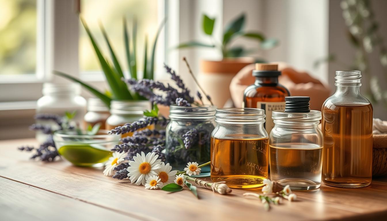 A warm, inviting still life showcasing an array of natural skin care ingredients. In the foreground, an assortment of glass jars and bowls filled with organic botanicals like aloe vera, lavender, chamomile, and tea tree oil. Arrange them on a wooden surface, accentuated by the soft, diffused lighting from a window in the background. Capture the vibrant colors and textures of the natural remedies, conveying a sense of calm and wellness. The overall mood is one of simplicity, purity, and the healing power of nature.