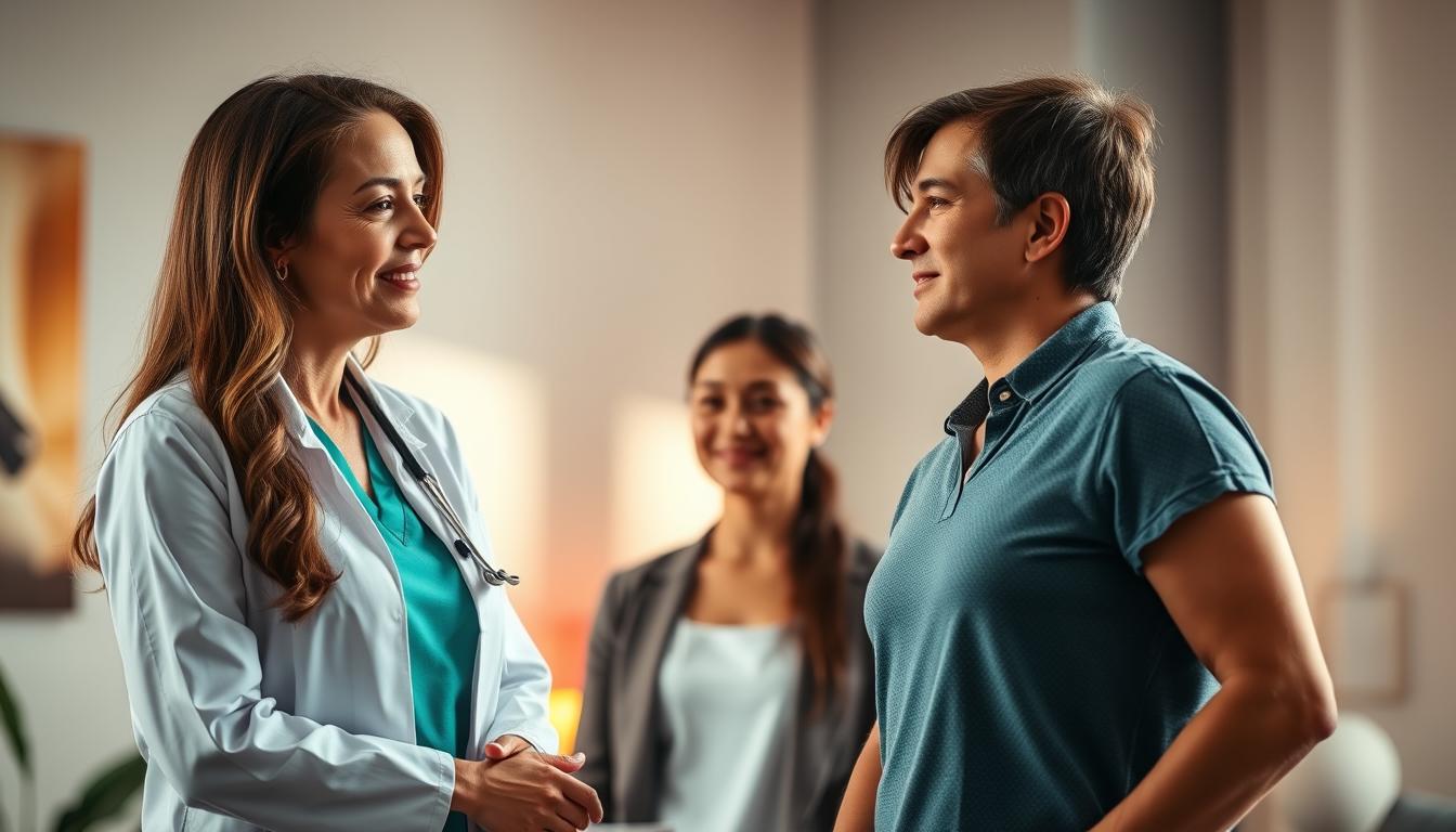 A warm, supportive healthcare professional stands in a serene, well-lit room, offering guidance and encouragement to a person on their weight loss journey. The professional's demeanor exudes empathy and expertise, with a gentle, reassuring expression. In the middle ground, the person listens intently, their face filled with determination and a sense of trust. The background features subtle, vibrant accents that create a calming, professional atmosphere, hinting at the holistic, mind-body approach to achieving natural weight loss.