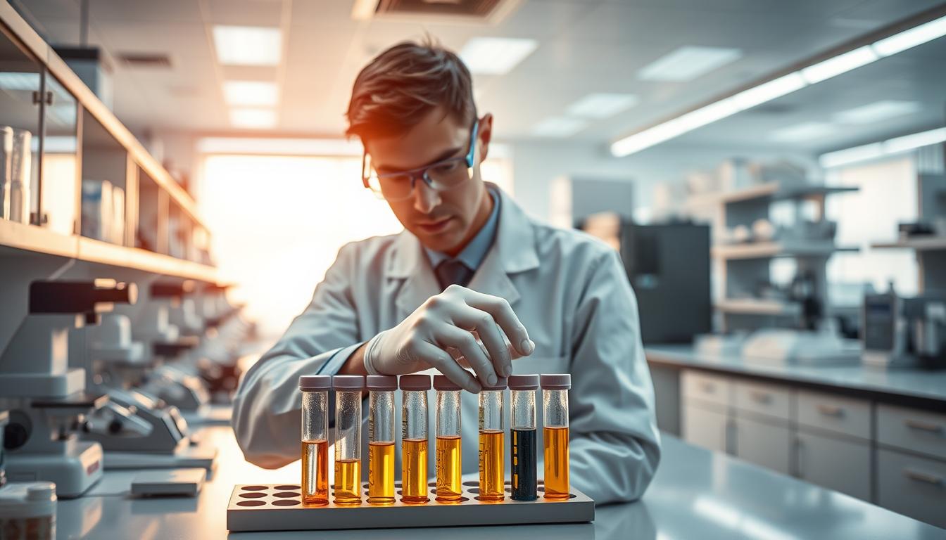 A well-equipped medical laboratory, its countertops brimming with advanced equipment. In the foreground, a technician meticulously handles a series of test tubes, studying the contents with a keen eye. Bright, focused lighting illuminates the scene, casting sharp shadows that add depth and drama. The background reveals rows of analytical instruments, their sleek, modern designs hinting at the sophisticated techniques employed. The atmosphere is one of precise, diligent investigation, as the technician works to uncover the hidden insights within these samples, crucial for understanding the subject's exposure to heavy metals. Vibrant, epic colors imbue the scene with a sense of importance and gravity.