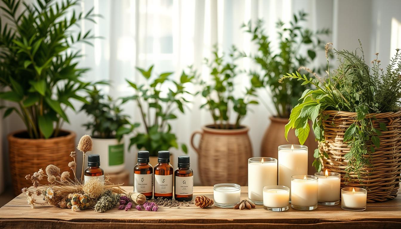 A well-lit, airy room showcasing an arrangement of natural home fragrances. In the foreground, an assortment of essential oil bottles, dried flowers, and organic candles sit atop a rustic wooden table. The middle ground features lush, vibrant potted plants and a woven wicker basket filled with fragrant herbs. The background displays warm, diffused lighting filtering through sheer white curtains, creating a soothing, calming atmosphere. The overall scene exudes a sense of simplicity, purity, and a connection to nature.