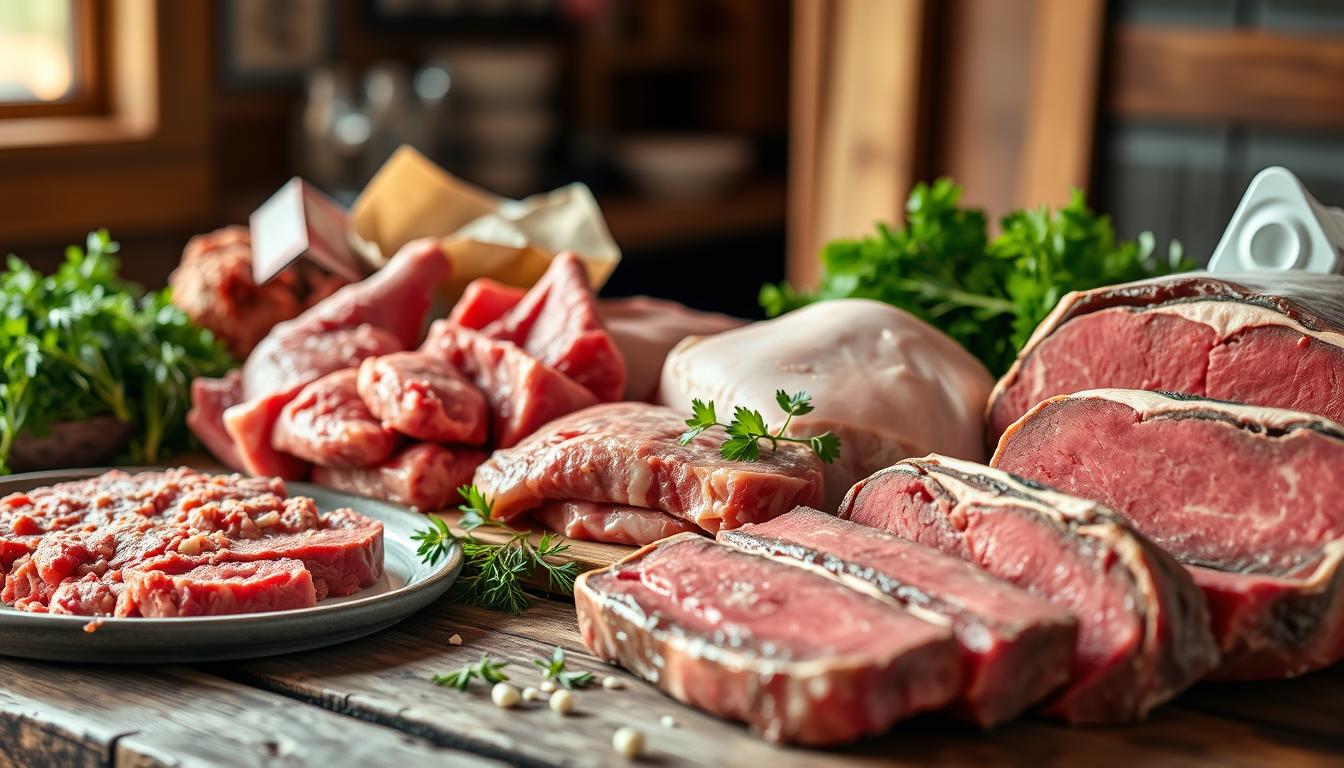 A well-lit, close-up photograph of an array of affordable cuts of meat, including lean ground beef, pork shoulder, chicken thighs, and beef chuck roast, arranged on a rustic wooden table. The meats are displayed in a visually appealing manner, highlighting their vibrant colors and textures. The lighting is soft and natural, creating a warm, inviting atmosphere. The background is slightly blurred, allowing the focus to remain on the main subject. The overall composition conveys a sense of quality and value, reflecting the "How to Shop for the Carnivore Diet Without Breaking the Bank" theme.