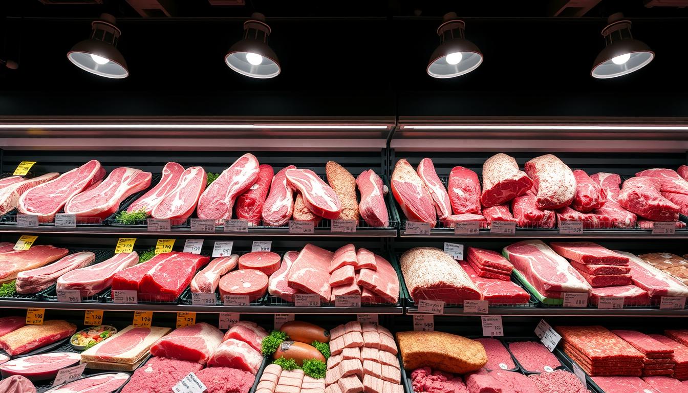 A well-lit display of various cuts of fresh meat, including juicy steaks, succulent roasts, and lean ground beef. The shelves are neatly organized, with clear price tags and eye-catching "SALE" and "DISCOUNT" signs. Bright spotlights highlight the vibrant colors and textures of the meat, creating an inviting and mouthwatering scene. The overall atmosphere is one of abundance and excitement, reflecting the opportunity to find high-quality protein at excellent values.