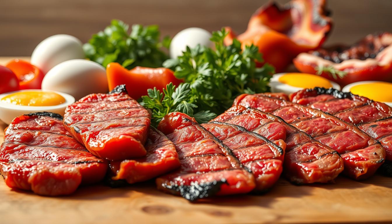 A well-lit, high-contrast close-up shot of a selection of carnivore diet foods arranged on a wooden table. In the foreground, juicy red meat cuts, seared to perfection, with crisp edges and glistening fat. Behind them, plump eggs, their yolks a deep golden hue, and thick slices of freshly cooked bacon. In the middle ground, an assortment of leafy greens and aromatic herbs, adding vibrant pops of color. The background is softly blurred, highlighting the vibrant, appetizing display. The lighting is natural and warm, casting gentle shadows that accentuate the textures and forms of the ingredients. The overall mood is one of simplicity, quality, and the rustic appeal of a carnivore-centric, nutrient-dense diet.