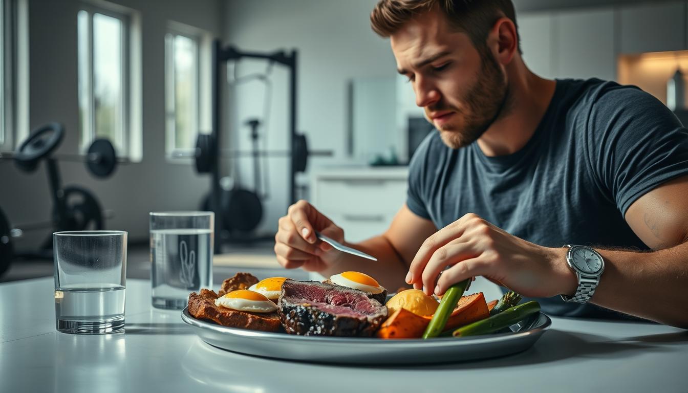 A well-lit, high-contrast image of a person engaged in a carnivore diet lifestyle. In the foreground, a person dining on a hearty meal of rare steak, eggs, and roasted vegetables, with a glass of water nearby. The middle ground features a gym setup with weightlifting equipment, suggesting a commitment to physical fitness. The background showcases a minimalist, modern kitchen with stainless steel appliances and natural lighting streaming in through large windows, conveying a sense of clean, vibrant living. The overall mood is one of focus, discipline, and a dedication to a healthy, protein-rich lifestyle.