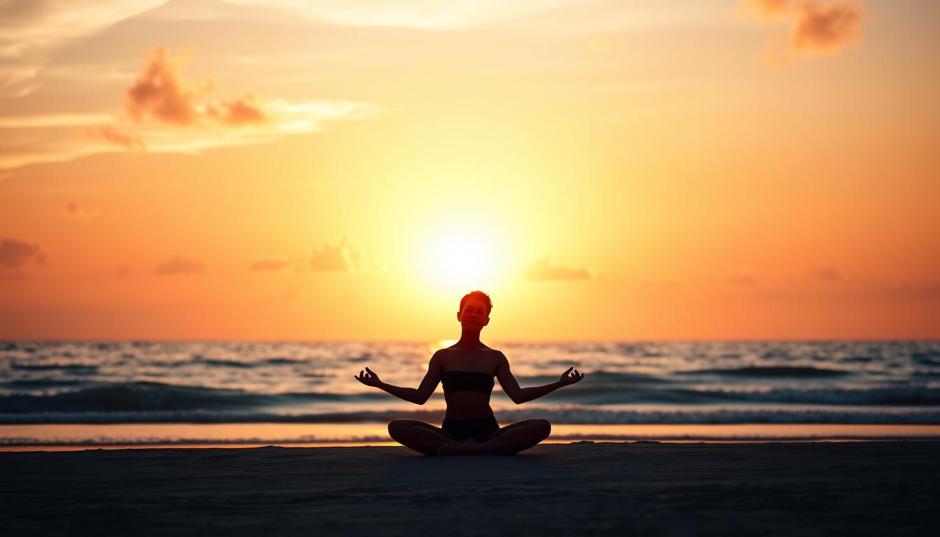 A well-lit, high-resolution image depicting a serene, minimalist scene of a fit person performing a yoga pose on a beach, with the sun peeking through wispy clouds and casting a warm glow. The foreground shows the person's silhouette in a meditative position, their body language conveying a sense of calm and focused intention. The middle ground features a tranquil ocean horizon, with gentle waves lapping at the shore. The background showcases a beautiful, vibrant sunset, filling the sky with hues of orange, pink, and purple. The overall atmosphere is one of peace, balance, and a celebration of the human body's natural ability to achieve sustainable wellness.
