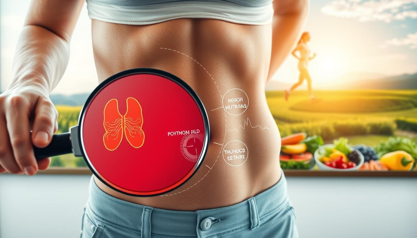 A well-lit, high-resolution image depicting the key causes of a sluggish metabolism. In the foreground, a person's torso and abdomen, with a magnifying glass examining areas of concern such as hormonal imbalances, thyroid disorders, and nutritional deficiencies. In the middle ground, visual representations of these underlying factors, such as a malfunctioning thyroid gland, a scale indicating weight fluctuations, and various nutrient-rich foods. The background features a vibrant, colorful landscape of healthy lifestyle elements like an active person, a nutritious meal, and a serene natural setting, conveying the connection between overall wellness and metabolic rate. A well-lit, high-resolution image depicting the key causes of a sluggish metabolism. In the foreground, a person's torso and abdomen, with a magnifying glass examining areas of concern such as hormonal imbalances, thyroid disorders, and nutritional deficiencies. In the middle ground, visual representations of these underlying factors, such as a malfunctioning thyroid gland, a scale indicating weight fluctuations, and various nutrient-rich foods. The background features a vibrant, colorful landscape of healthy lifestyle elements like an active person, a nutritious meal, and a serene natural setting, conveying the connection between overall wellness and metabolic rate.