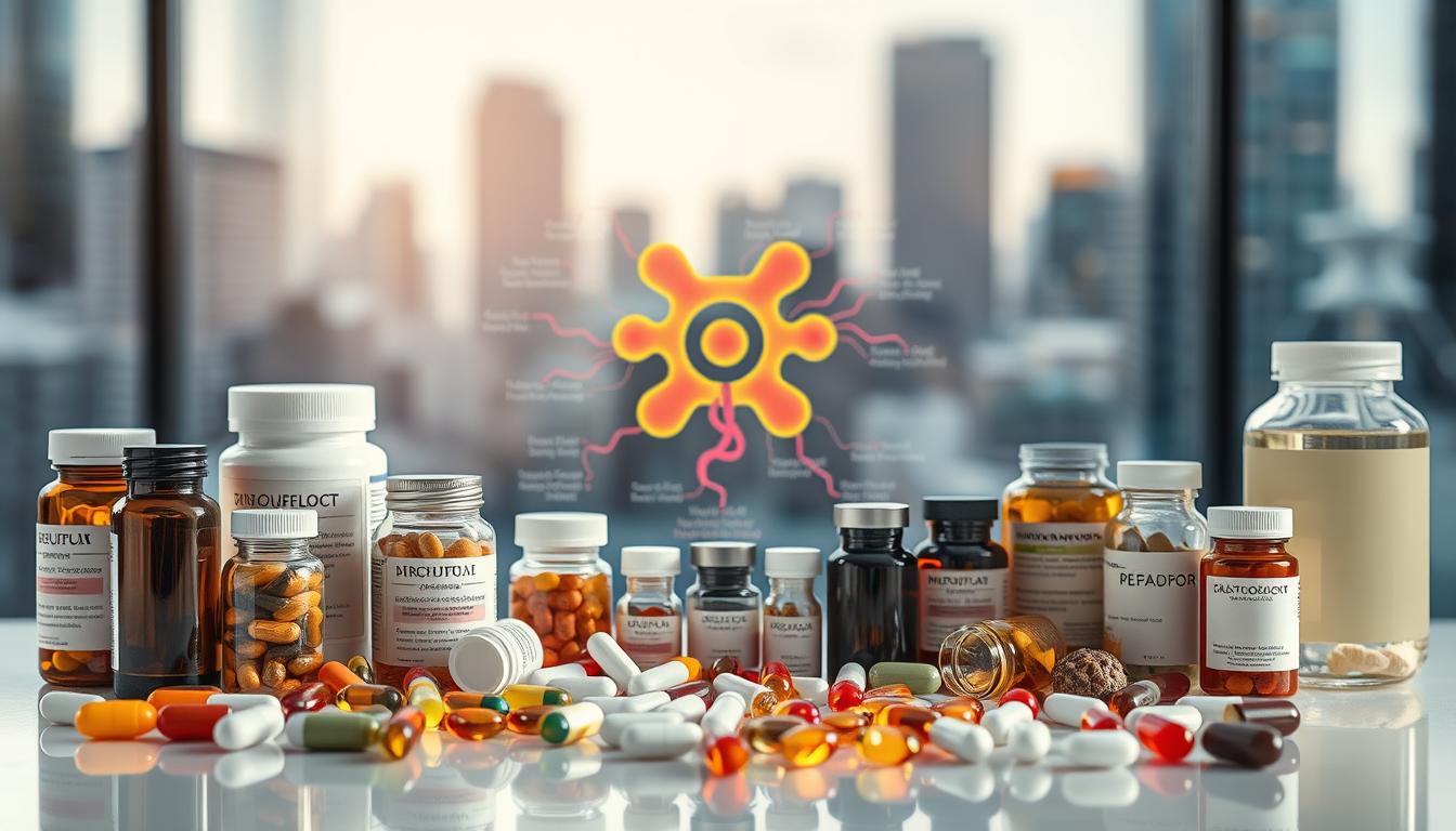 A well-lit, high-resolution image of potential treatments for mitochondrial function. In the foreground, various medicinal capsules, supplements, and therapeutic compounds are arranged in an orderly display, reflecting the diverse range of interventions targeting mitochondrial health. The middle ground features a vibrant, annotated diagram of the mitochondrial structure and key biochemical pathways, providing technical context. In the background, a softly blurred cityscape or laboratory setting creates a sense of modern, cutting-edge research. The overall composition conveys a sense of scientific exploration, therapeutic innovation, and the promise of improved mitochondrial function.