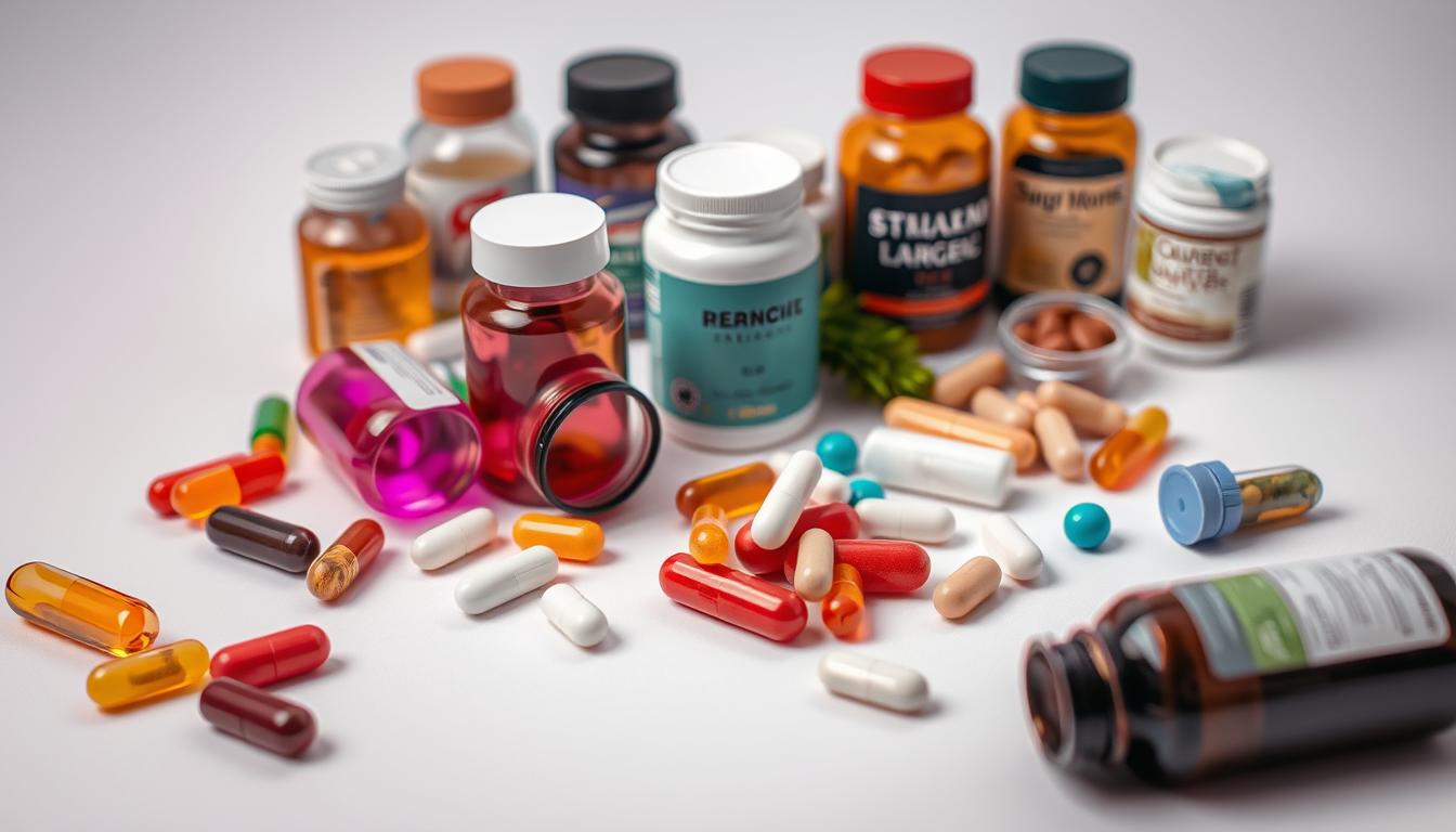A well-lit, high-resolution photograph of an assortment of expertly-curated dietary supplements arranged on a clean, minimal background. The supplements are displayed with care, showcasing a variety of capsules, tablets, and softgels in a range of colors and sizes. The lighting is soft and diffused, creating a sense of quality and professionalism. The composition is balanced, with the supplements taking center stage and a vibrant, yet subdued, color palette. The overall mood is one of authority, trustworthiness, and the importance of evidence-based supplementation.