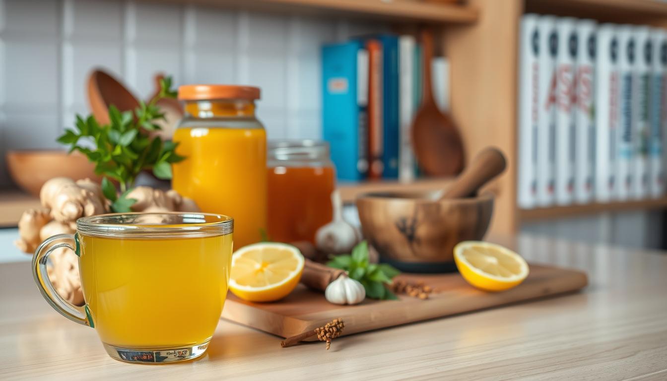 A well-lit kitchen counter, adorned with an array of natural ingredients - fresh ginger, turmeric, garlic, and a jar of honey. In the foreground, a soothing cup of herbal tea steams, infused with the earthy scents of these vibrant, anti-inflammatory remedies. The middle ground showcases a cutting board with sliced lemon and a mortar and pestle, hinting at the preparation of homemade topical treatments. In the background, a bookshelf holds a collection of natural health guides, providing a sense of knowledge and expertise. The overall scene exudes a warm, inviting atmosphere, encouraging the viewer to explore these time-honored, vibrant home remedies for pain and inflammation.
