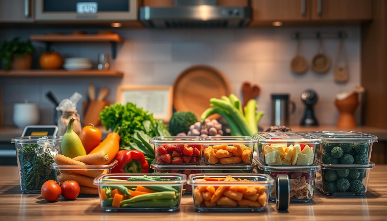 A well-lit kitchen counter showcases an assortment of nutritious ingredients, including fresh produce, lean proteins, and healthy fats. In the foreground, a series of meal prep containers are neatly arranged, representing strategic portion control and timed meal consumption. The middle ground features a digital scale and a fitness tracker, emphasizing the importance of monitoring body composition and energy expenditure. The background is illuminated by warm, vibrant lighting, creating a calming and focused atmosphere for effective fat-burning strategies.